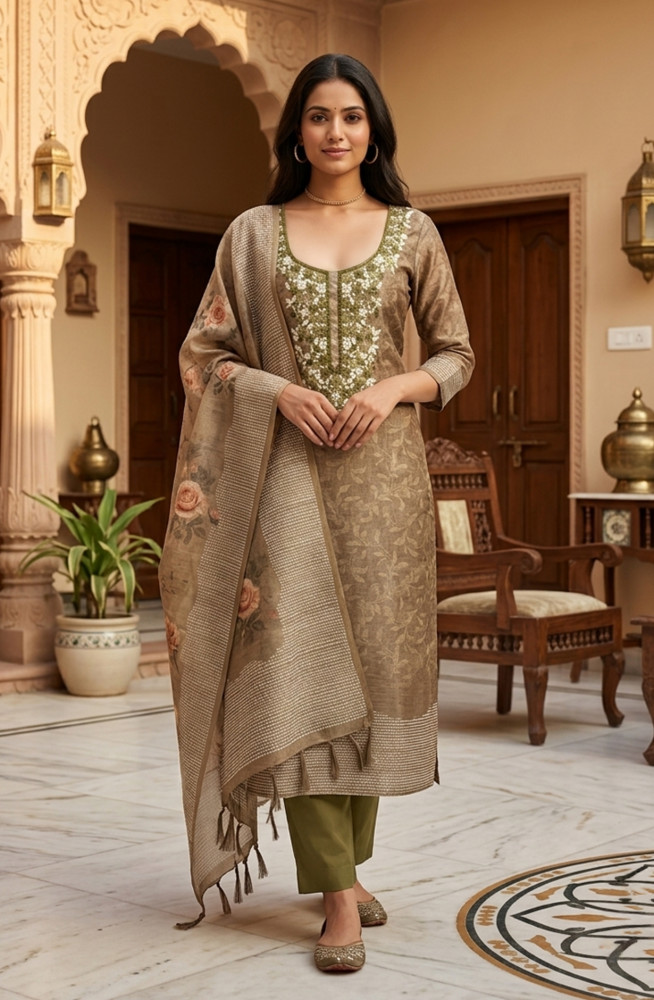 Image of Olive Chanderi Beautiful Suit Set with Dupatta -  1029-3774