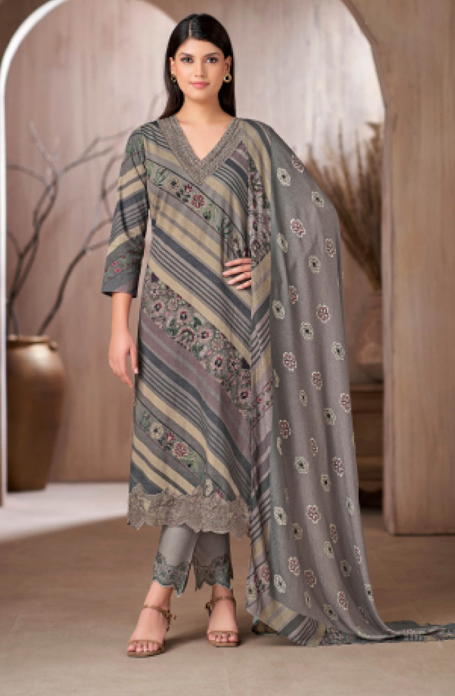 Image of Grey pure corduroy Suit set with Dupatta- ISH5012