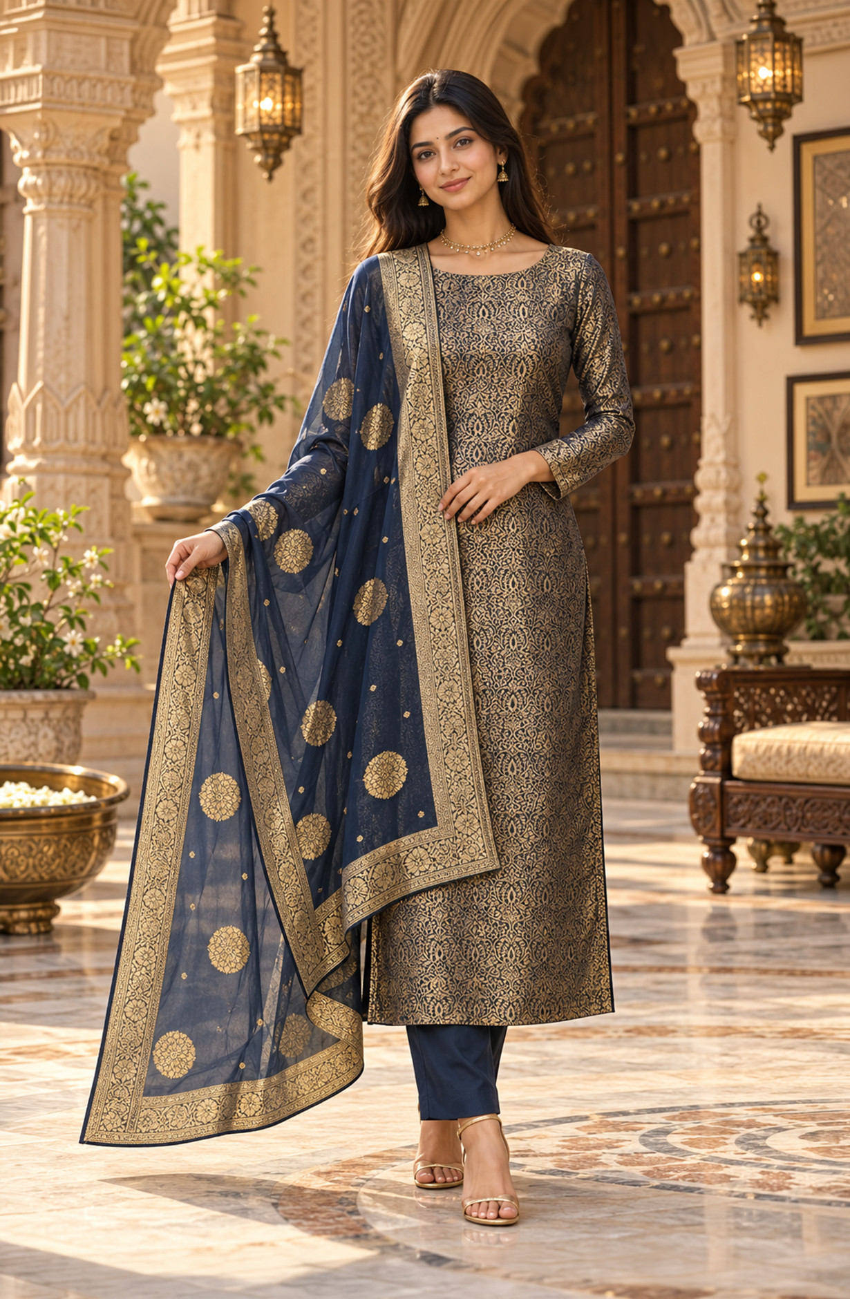 Blue Organza Unstitched Suit-Set with Beautiful Dupatta - 981-0016