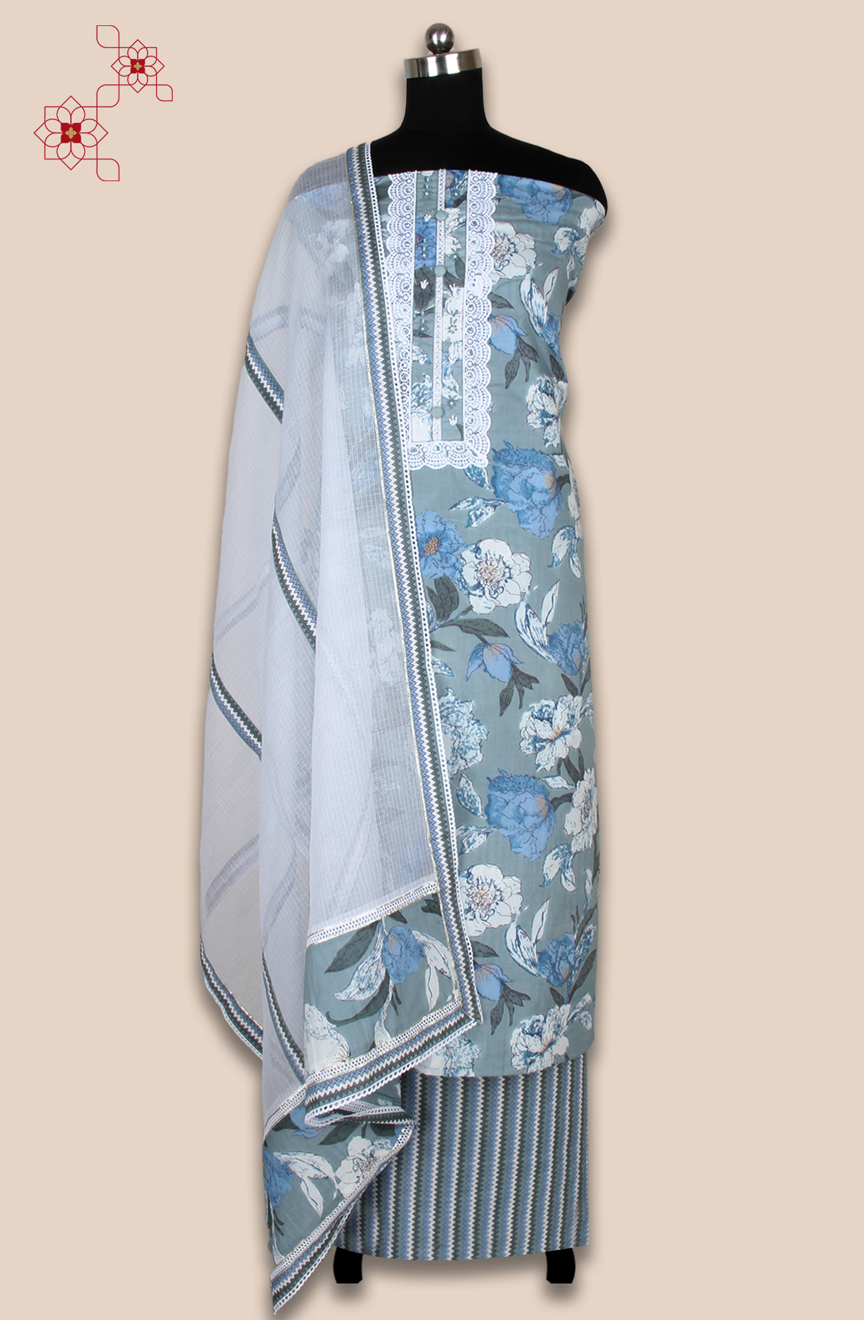 Grey Cotton Printed Unstitched Lace work Suit with Trendy Dupatta - 131-112351-119A