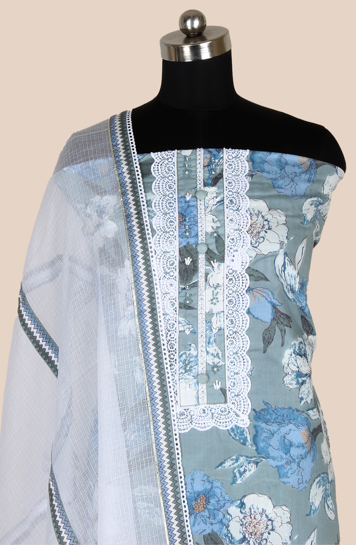 Grey Cotton Printed Unstitched Lace work Suit with Trendy Dupatta - 131-112351-119A