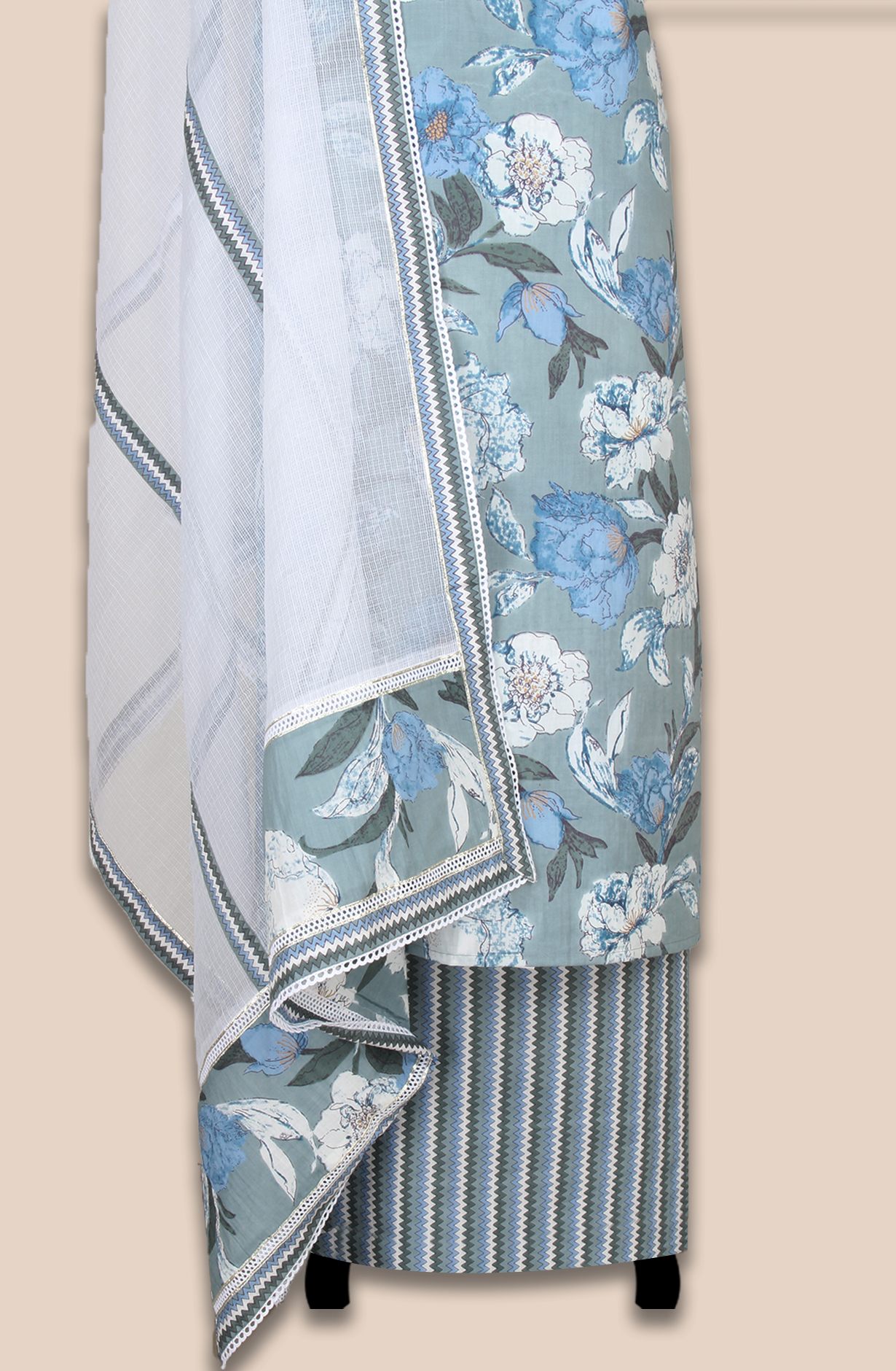 Grey Cotton Printed Unstitched Lace work Suit with Trendy Dupatta - 131-112351-119A