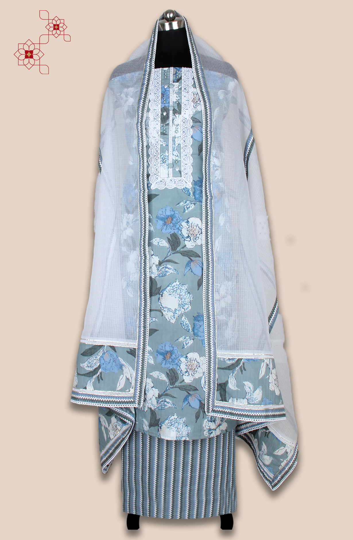 Grey Cotton Printed Unstitched Lace work Suit with Trendy Dupatta - 131-112351-119A