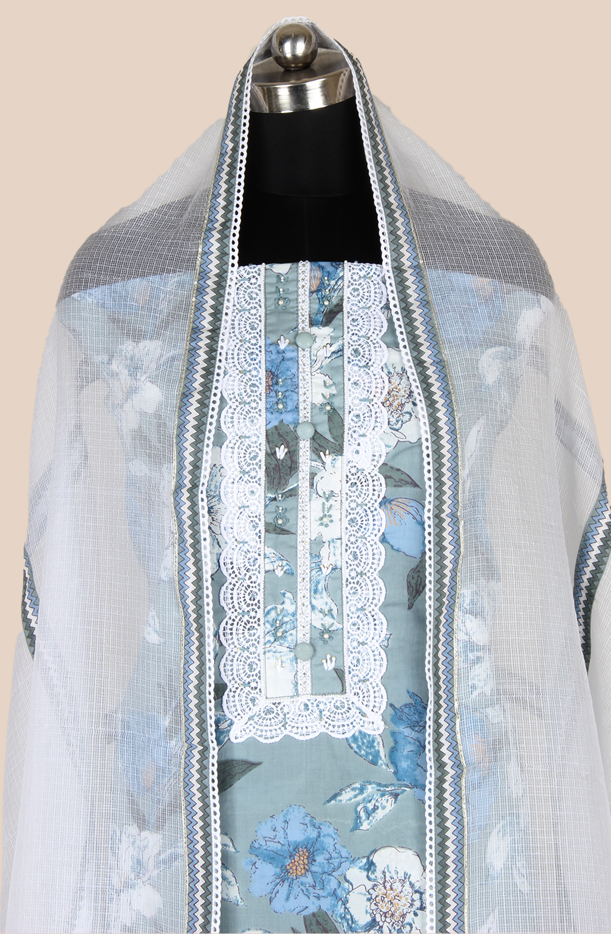 Grey Cotton Printed Unstitched Lace work Suit with Trendy Dupatta - 131-112351-119A