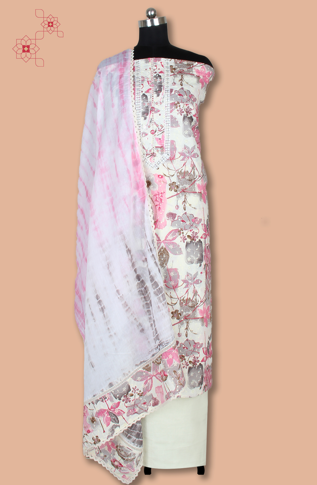 Pink and Off-white Cotton Printed Unstitched Suit with Embroidery Work - 131-113501-117