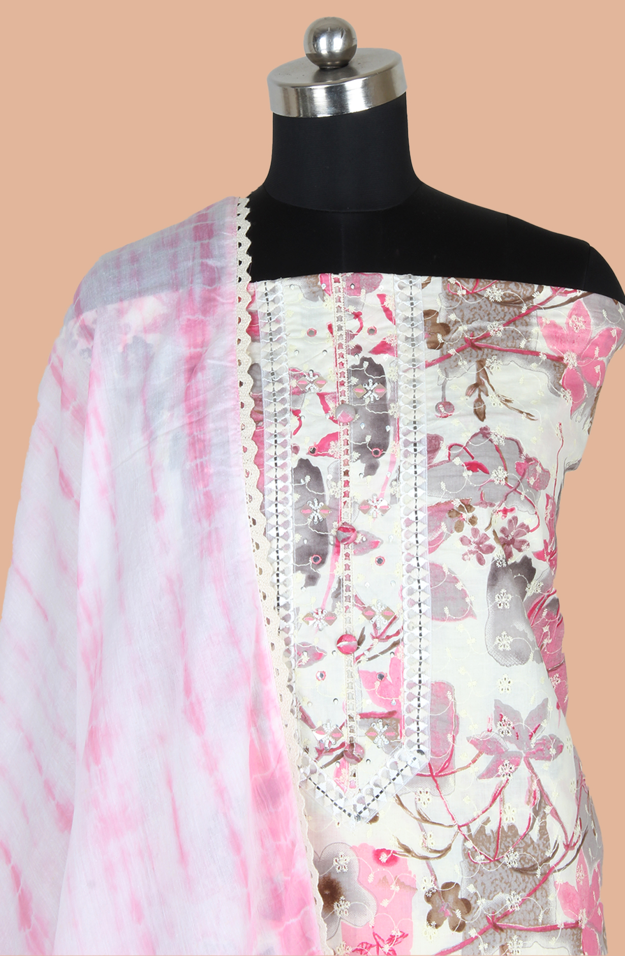 Pink and Off-white Cotton Printed Unstitched Suit with Embroidery Work - 131-113501-117