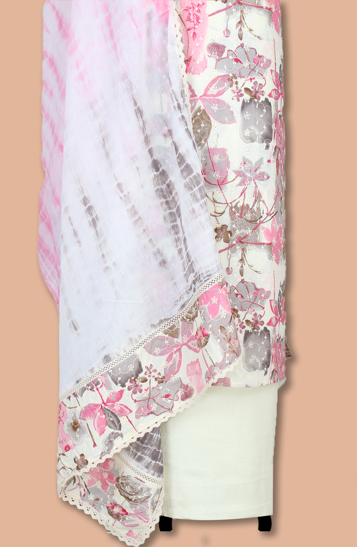 Pink and Off-white Cotton Printed Unstitched Suit with Embroidery Work - 131-113501-117