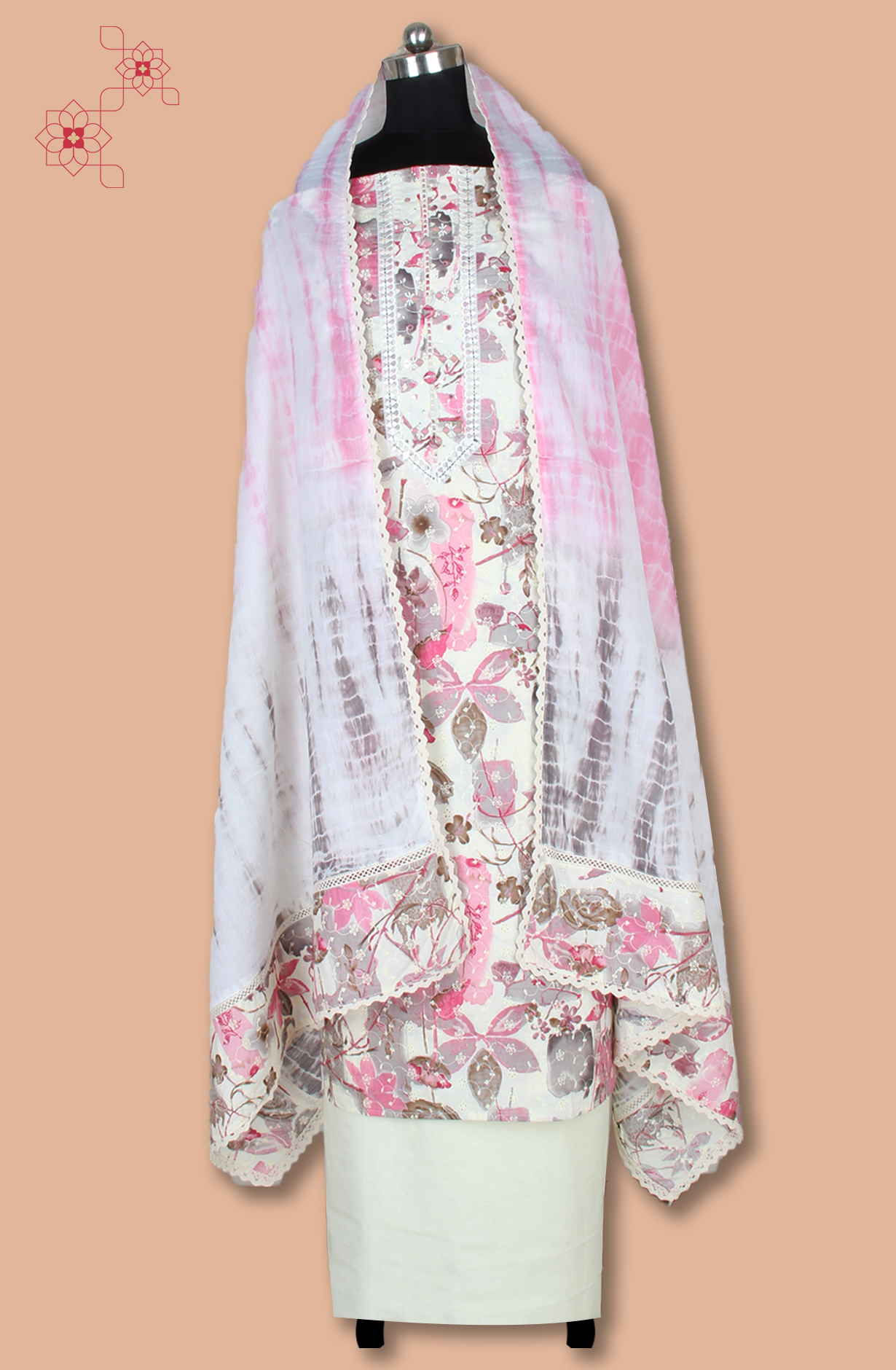 Pink and Off-white Cotton Printed Unstitched Suit with Embroidery Work - 131-113501-117
