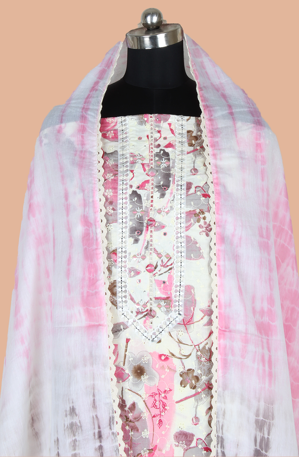 Pink and Off-white Cotton Printed Unstitched Suit with Embroidery Work - 131-113501-117