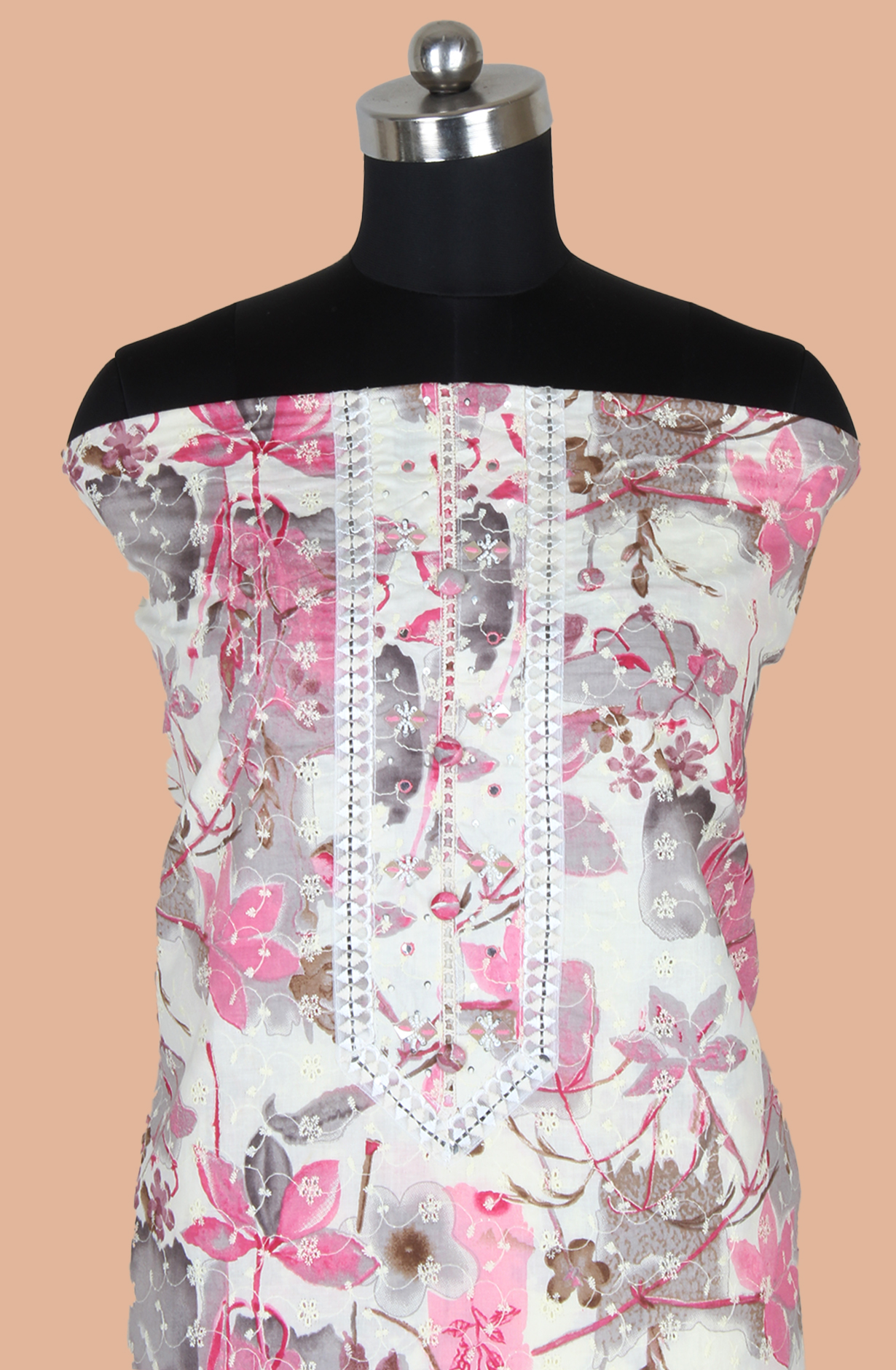 Pink and Off-white Cotton Printed Unstitched Suit with Embroidery Work - 131-113501-117