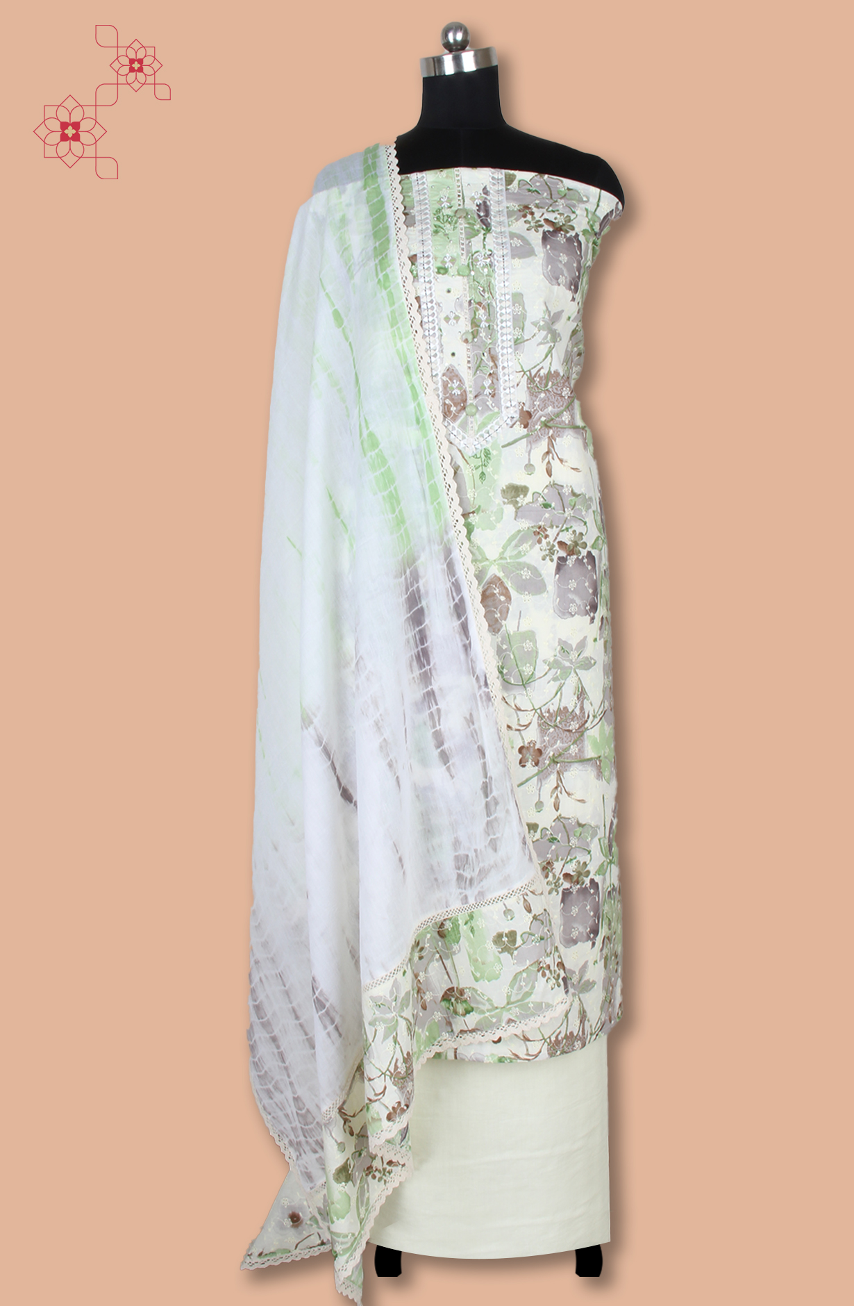 Pista Green Cotton Printed Unstitched Suit with Embroidery Work - 131-113501-117A