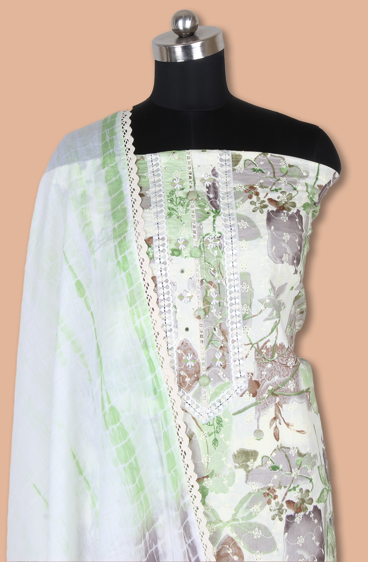 Pista Green Cotton Printed Unstitched Suit with Embroidery Work - 131-113501-117A