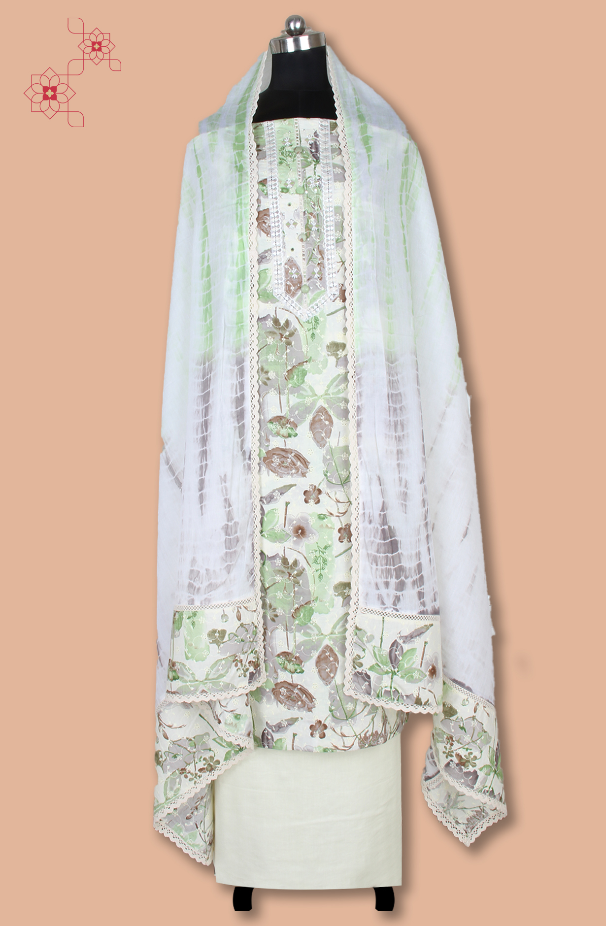 Pista Green Cotton Printed Unstitched Suit with Embroidery Work - 131-113501-117A