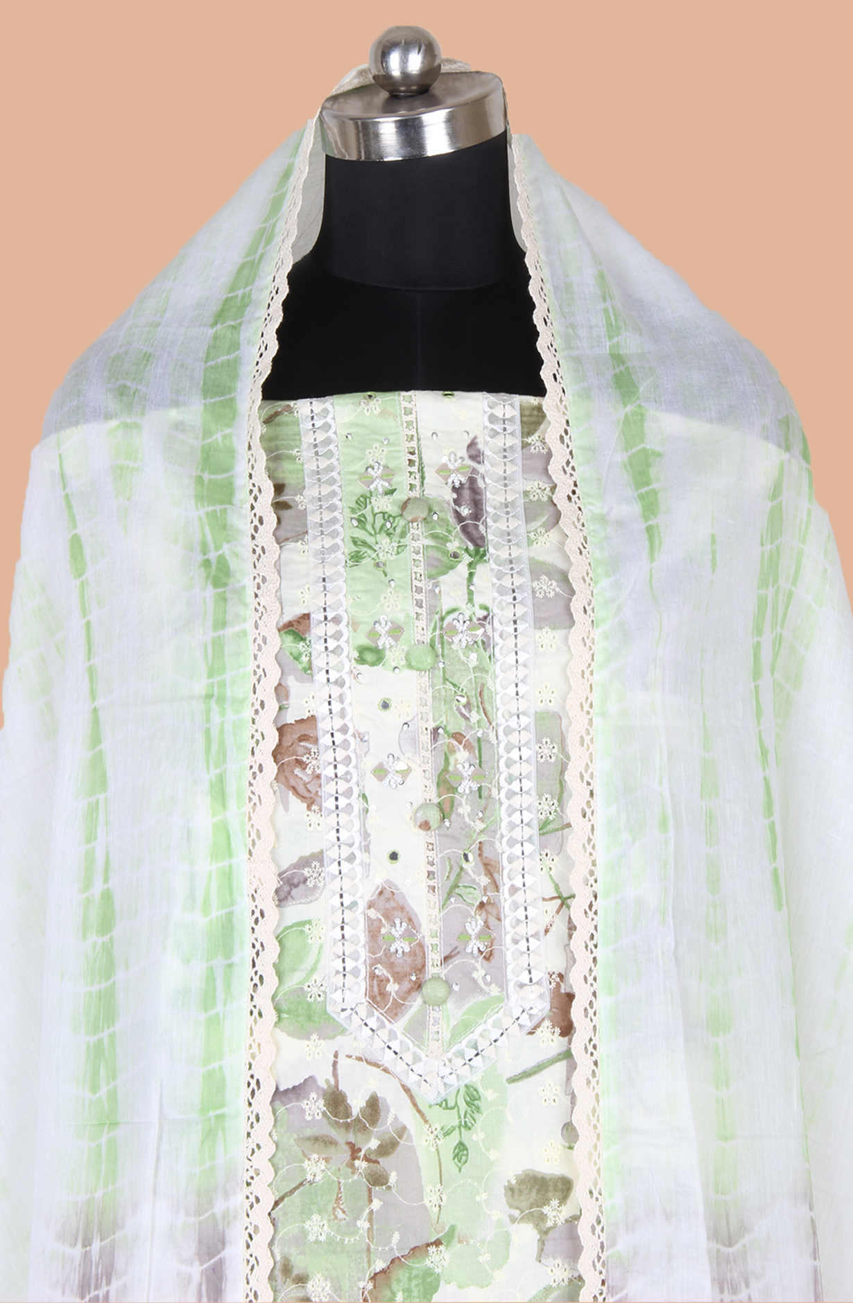Pista Green Cotton Printed Unstitched Suit with Embroidery Work - 131-113501-117A