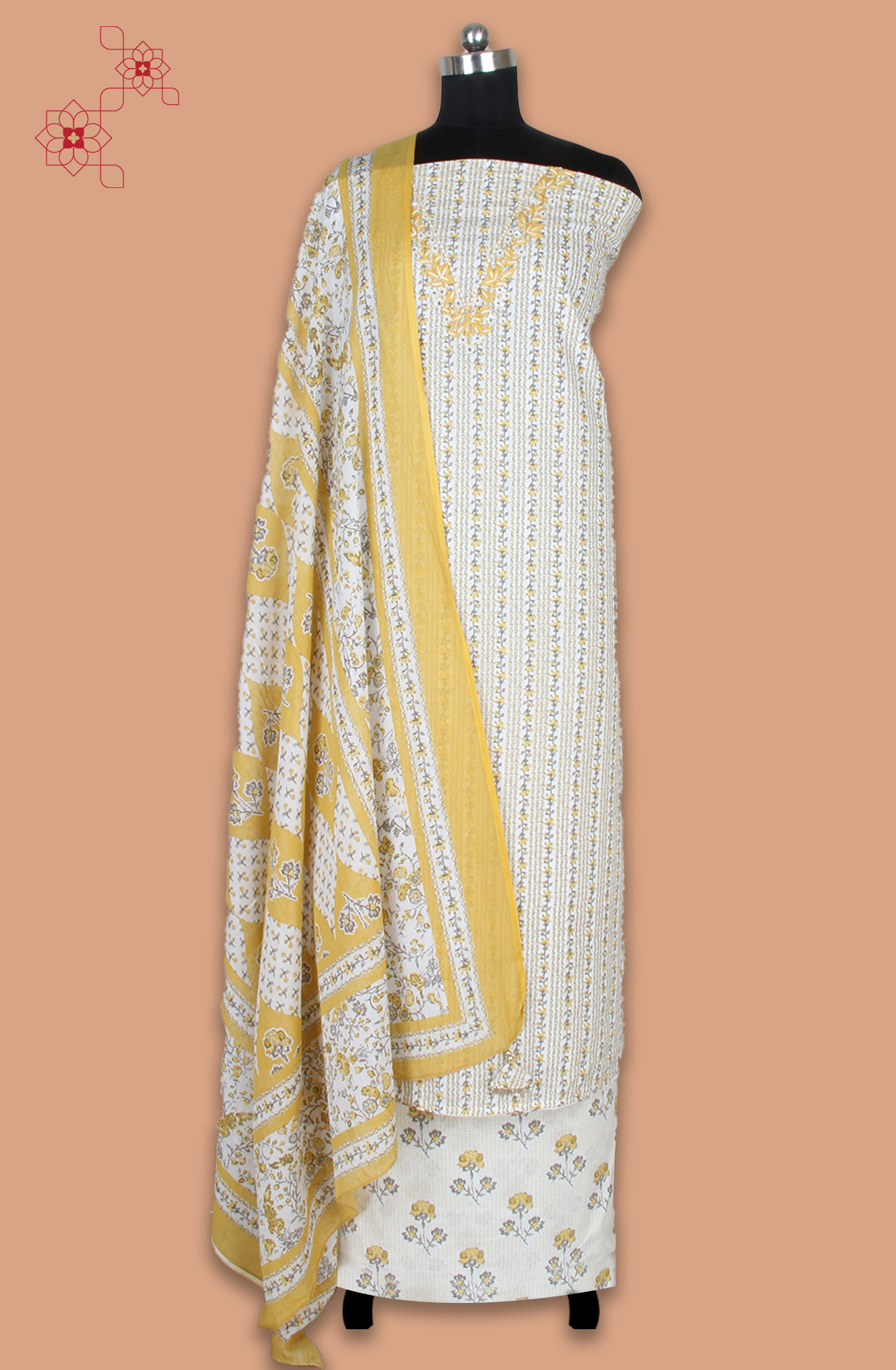 Mustard and Off-white Cotton Printed Salwar Suit Fabric - 131-11351-119