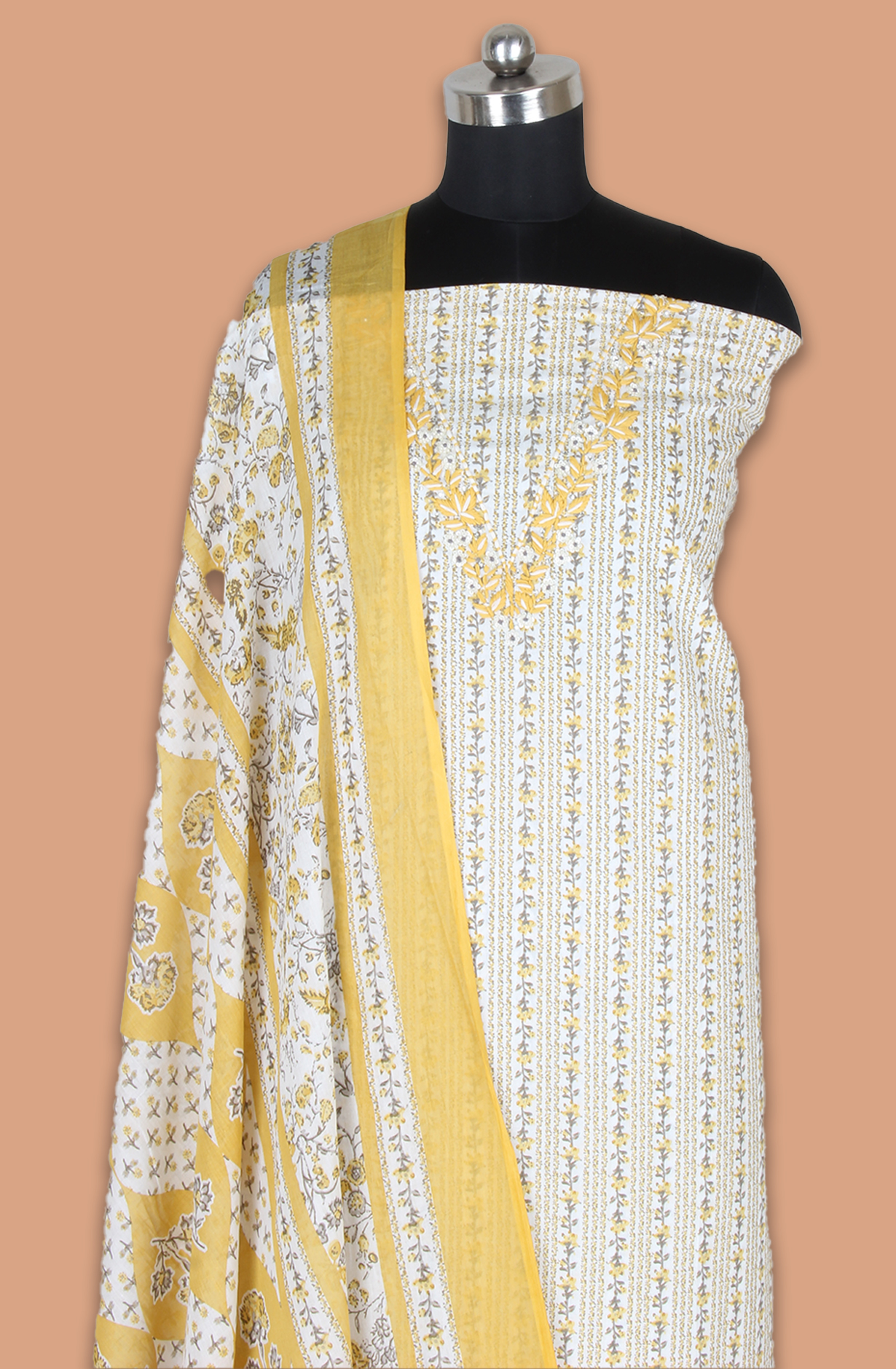 Mustard and Off-white Cotton Printed Salwar Suit Fabric - 131-11351-119
