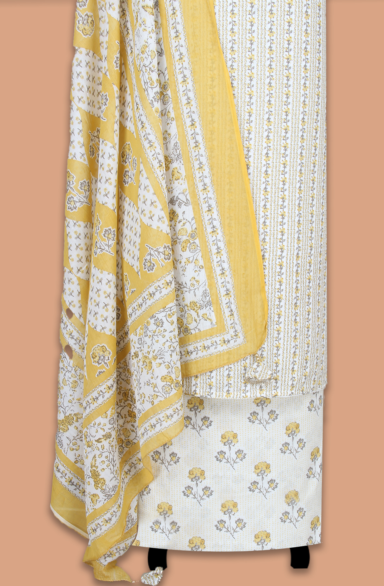 Mustard and Off-white Cotton Printed Salwar Suit Fabric - 131-11351-119