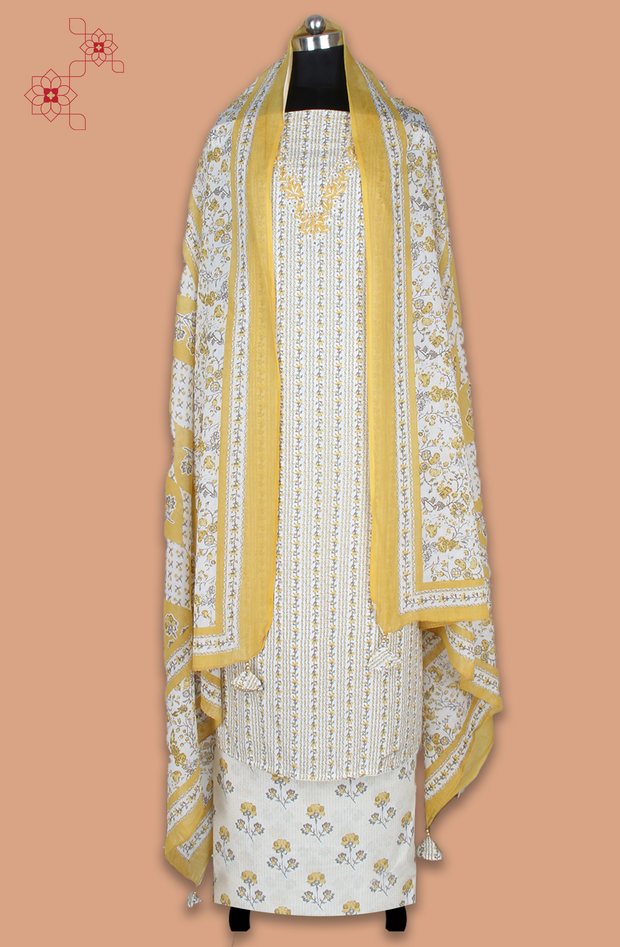 Mustard and Off-white Cotton Printed Salwar Suit Fabric - 131-11351-119