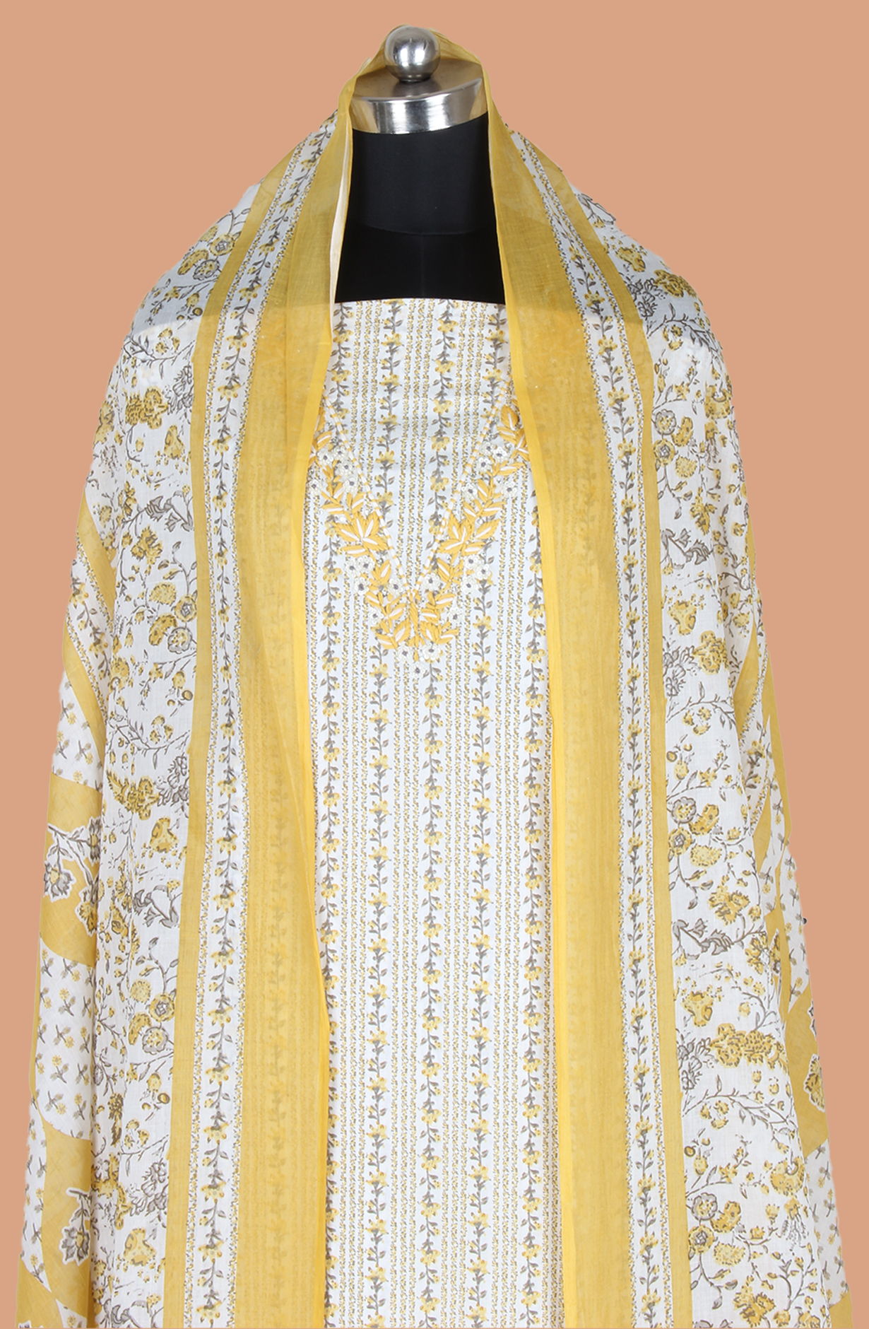 Mustard and Off-white Cotton Printed Salwar Suit Fabric - 131-11351-119