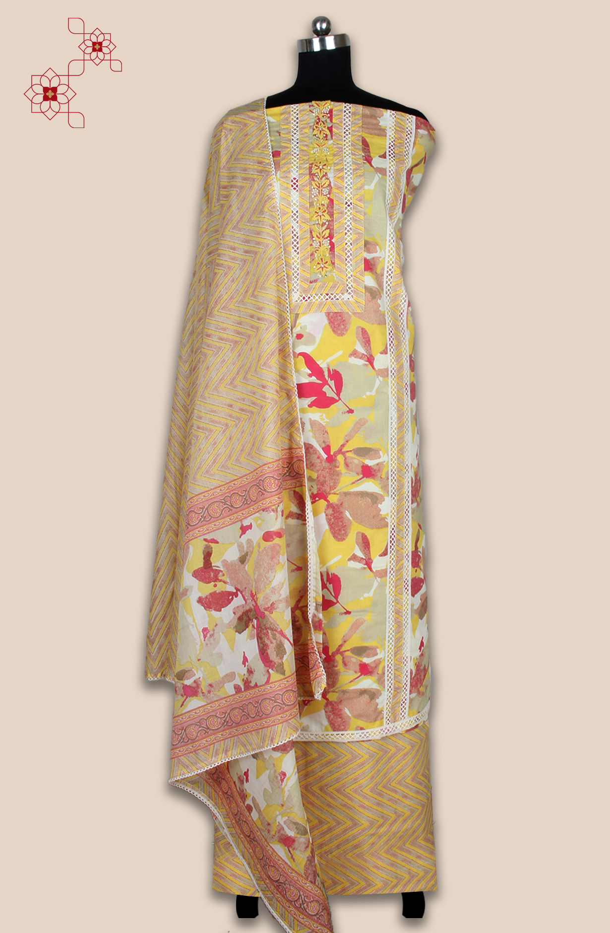 Mustard Cotton Printed Unstitched Lace work Suit with Trendy Dupatta - 131-113751-109
