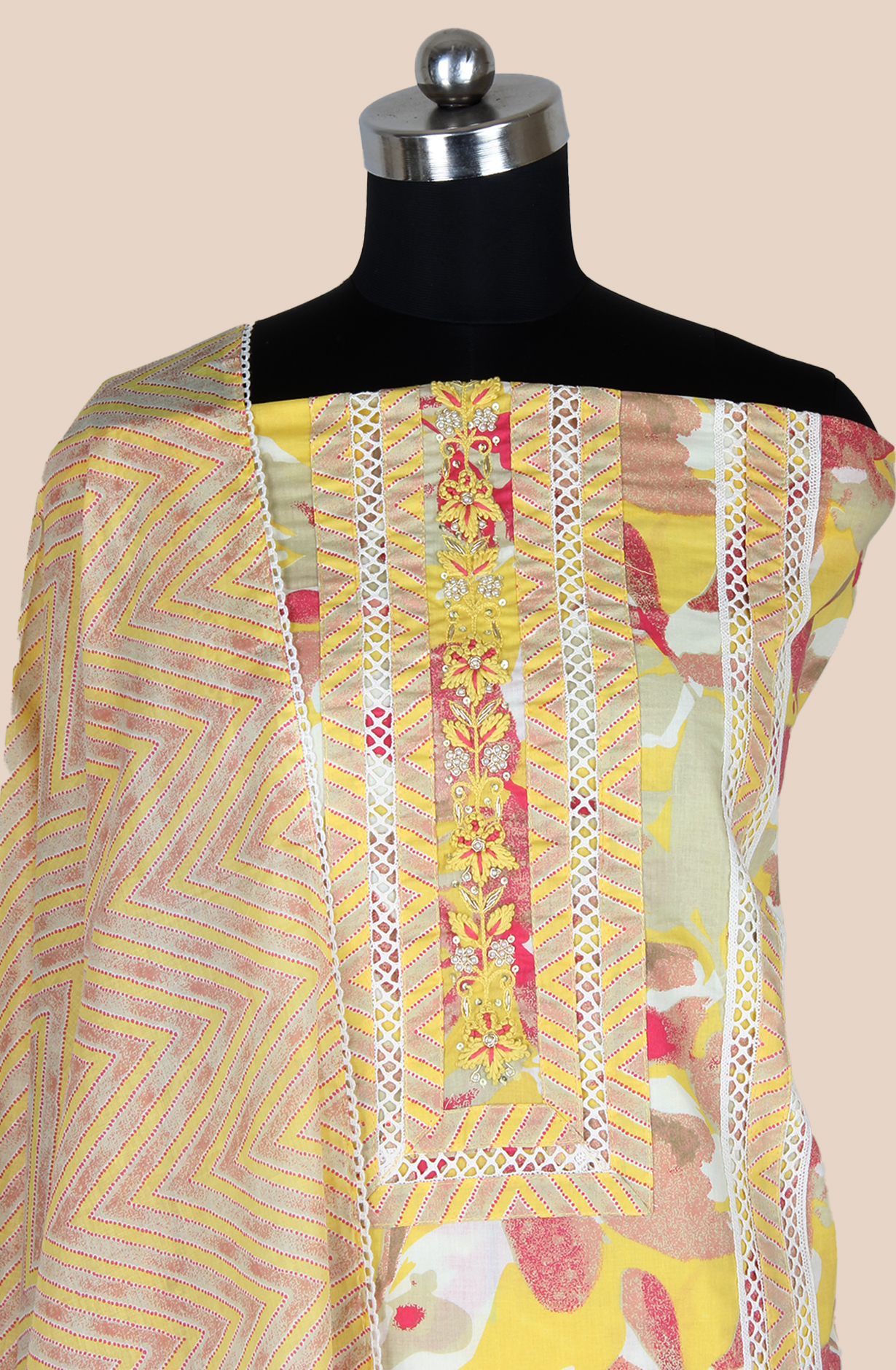 Mustard Cotton Printed Unstitched Lace work Suit with Trendy Dupatta - 131-113751-109