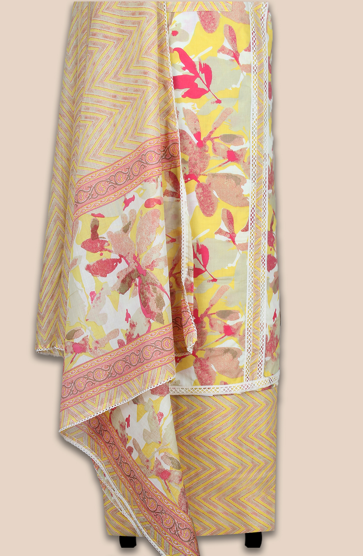 Mustard Cotton Printed Unstitched Lace work Suit with Trendy Dupatta - 131-113751-109