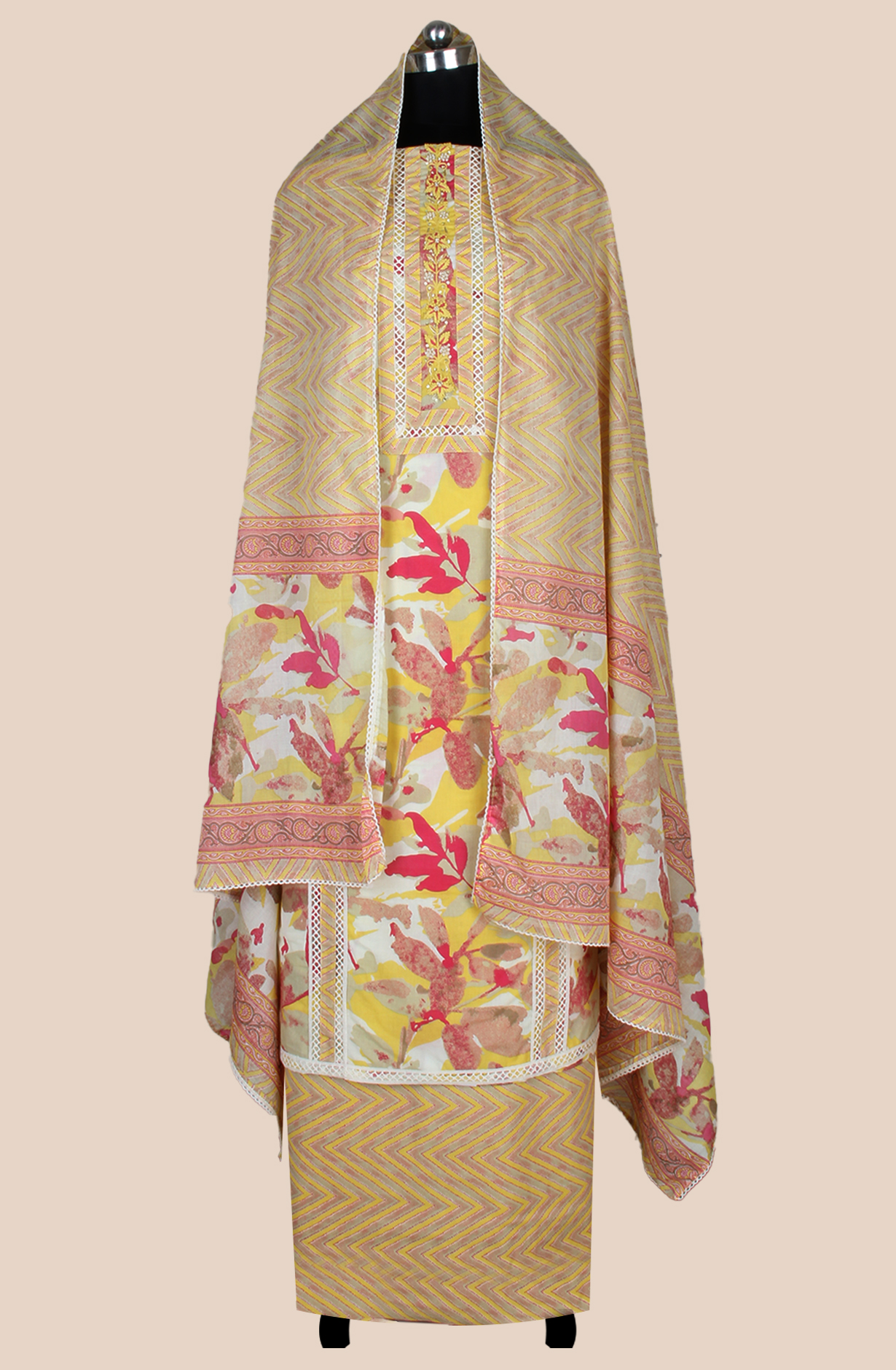 Mustard Cotton Printed Unstitched Lace work Suit with Trendy Dupatta - 131-113751-109