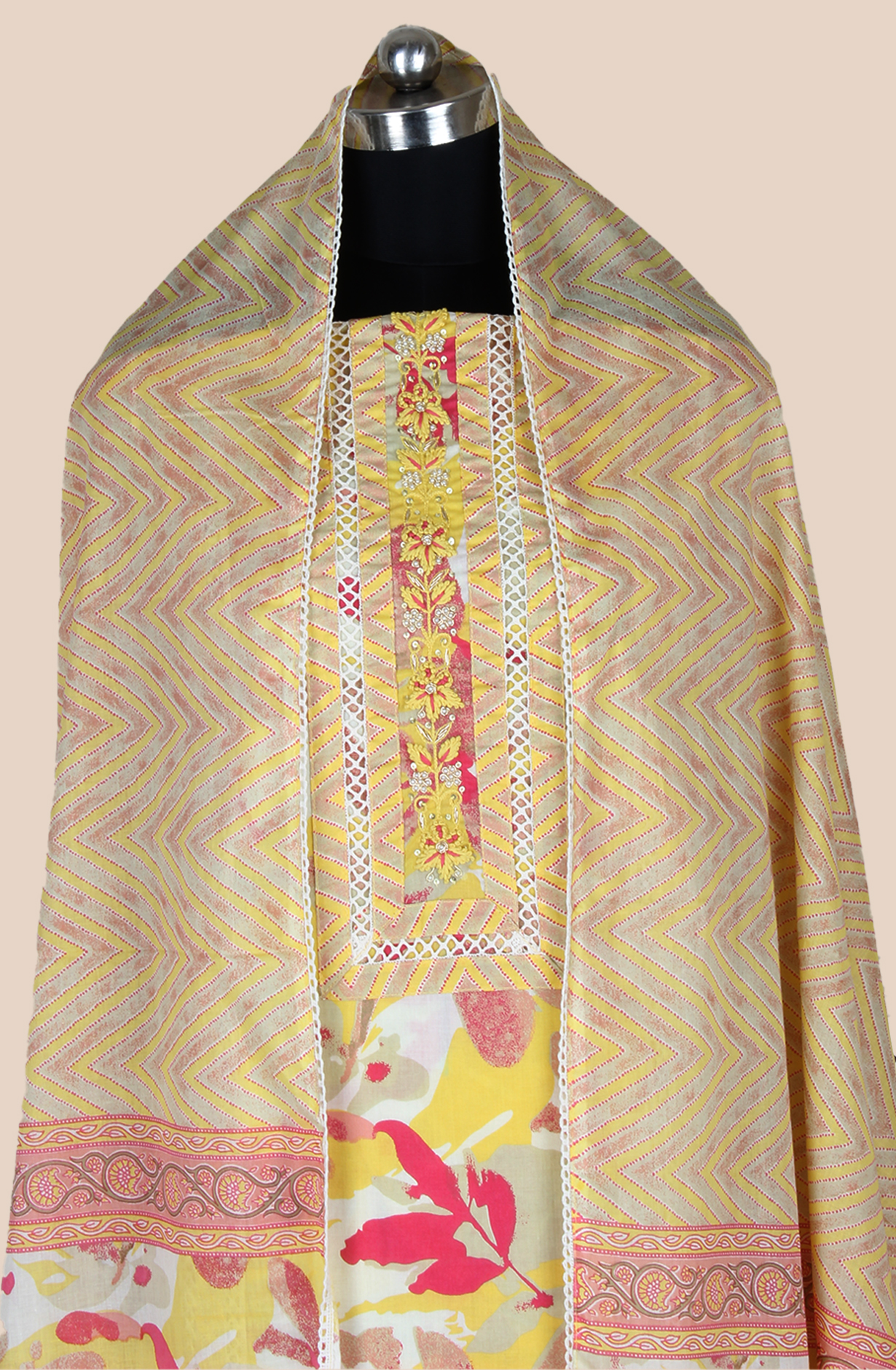 Mustard Cotton Printed Unstitched Lace work Suit with Trendy Dupatta - 131-113751-109