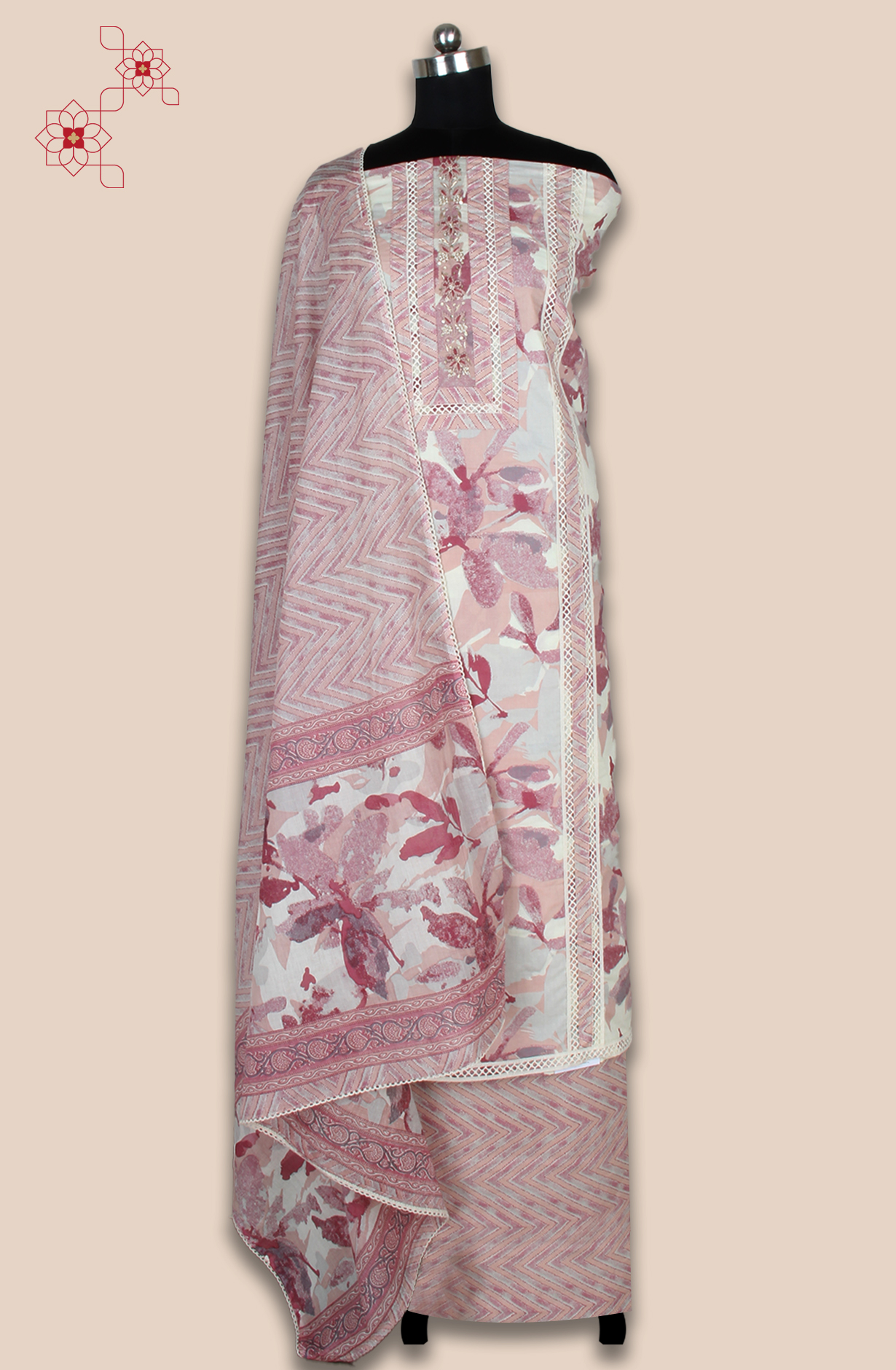 Mauve Cotton Printed Unstitched Lace work Suit with Trendy Dupatta - 131-113751-109A