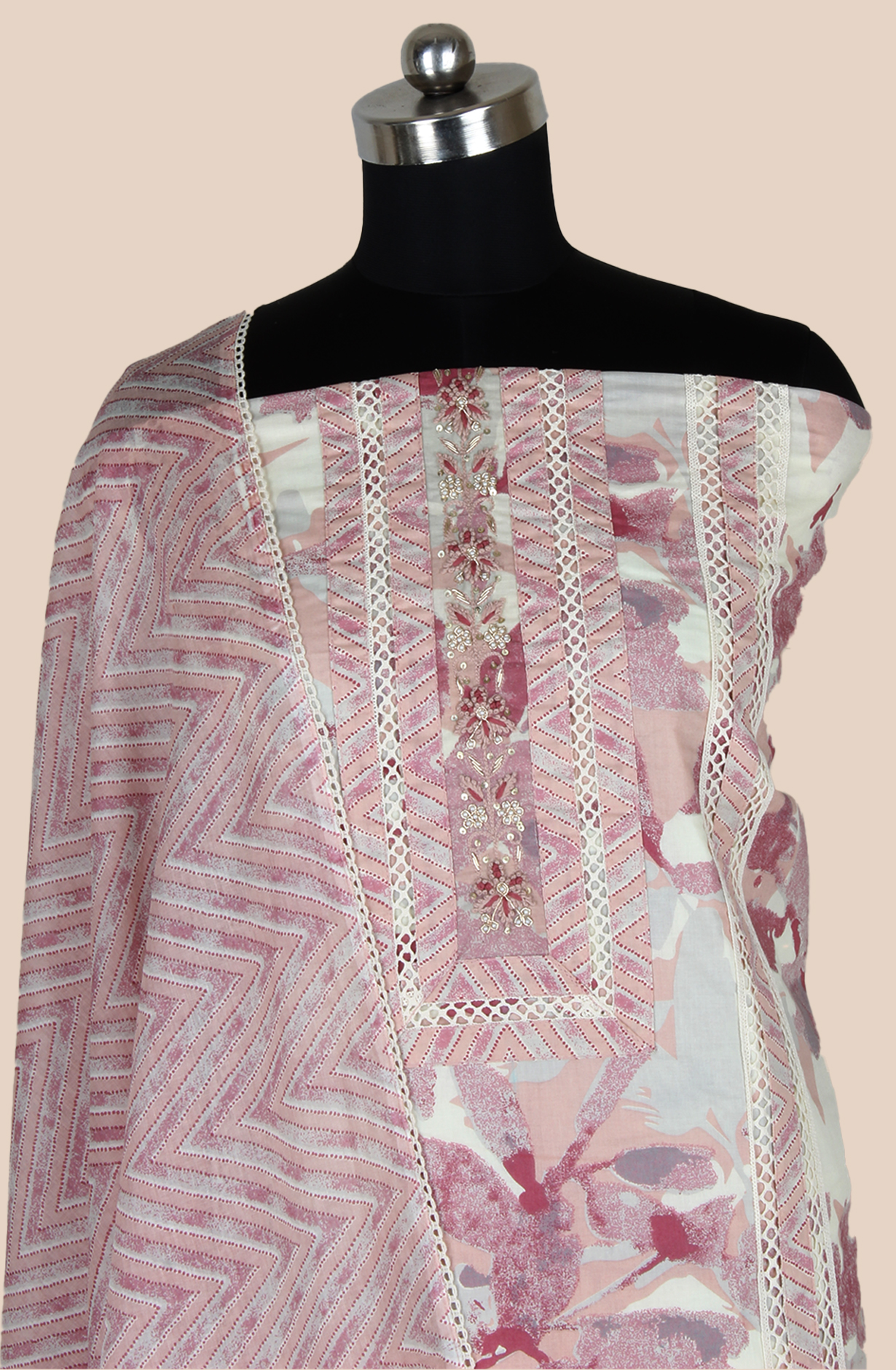 Mauve Cotton Printed Unstitched Lace work Suit with Trendy Dupatta - 131-113751-109A