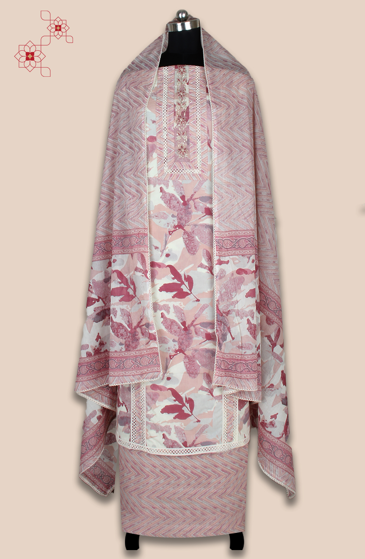 Mauve Cotton Printed Unstitched Lace work Suit with Trendy Dupatta - 131-113751-109A