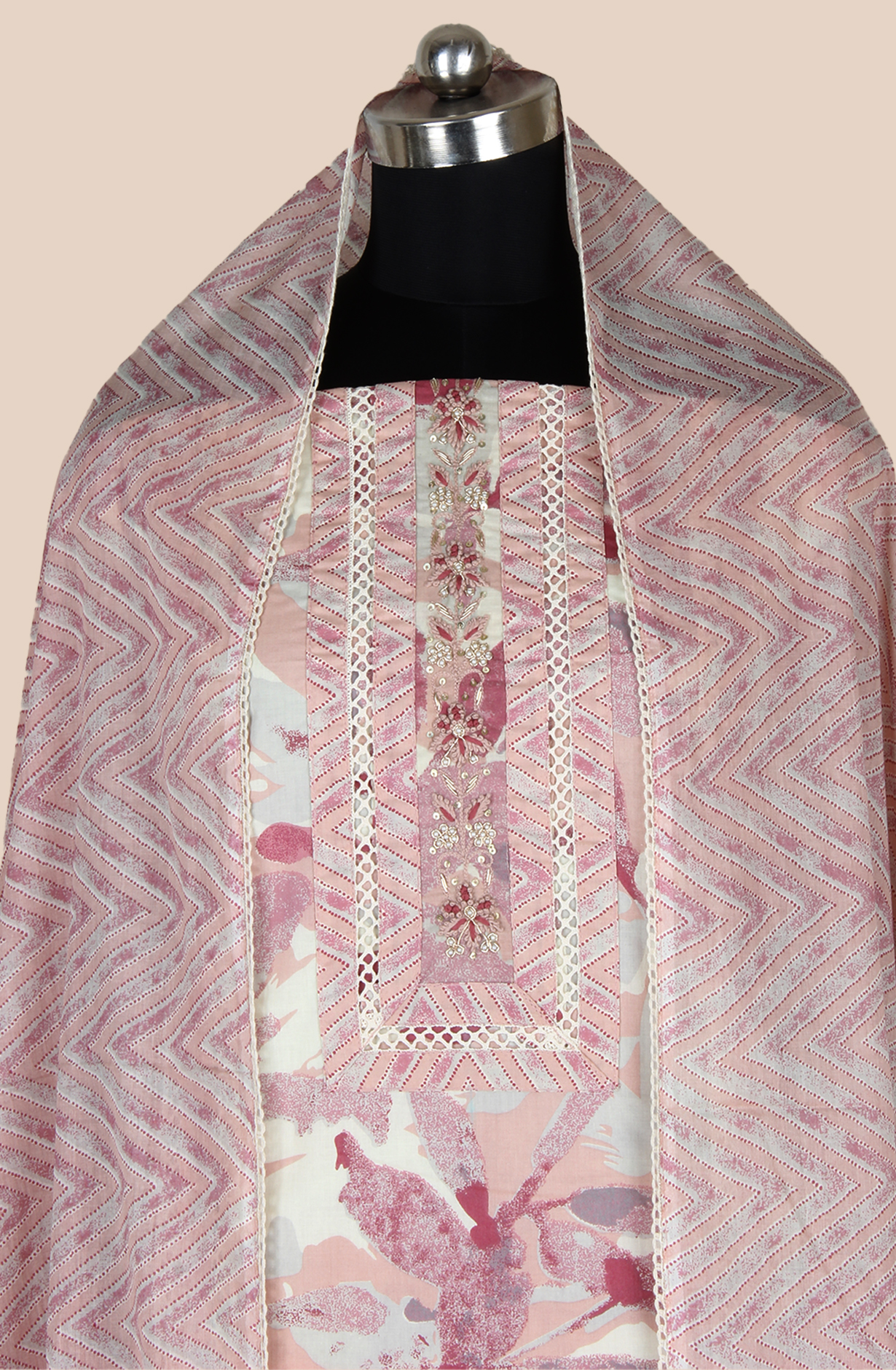 Mauve Cotton Printed Unstitched Lace work Suit with Trendy Dupatta - 131-113751-109A