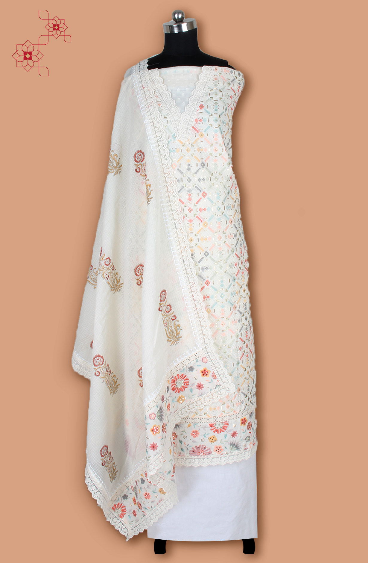 Off-white Cotton Unstitched Embroidered Salwar Kameez Dupatta - 131-124751-109A