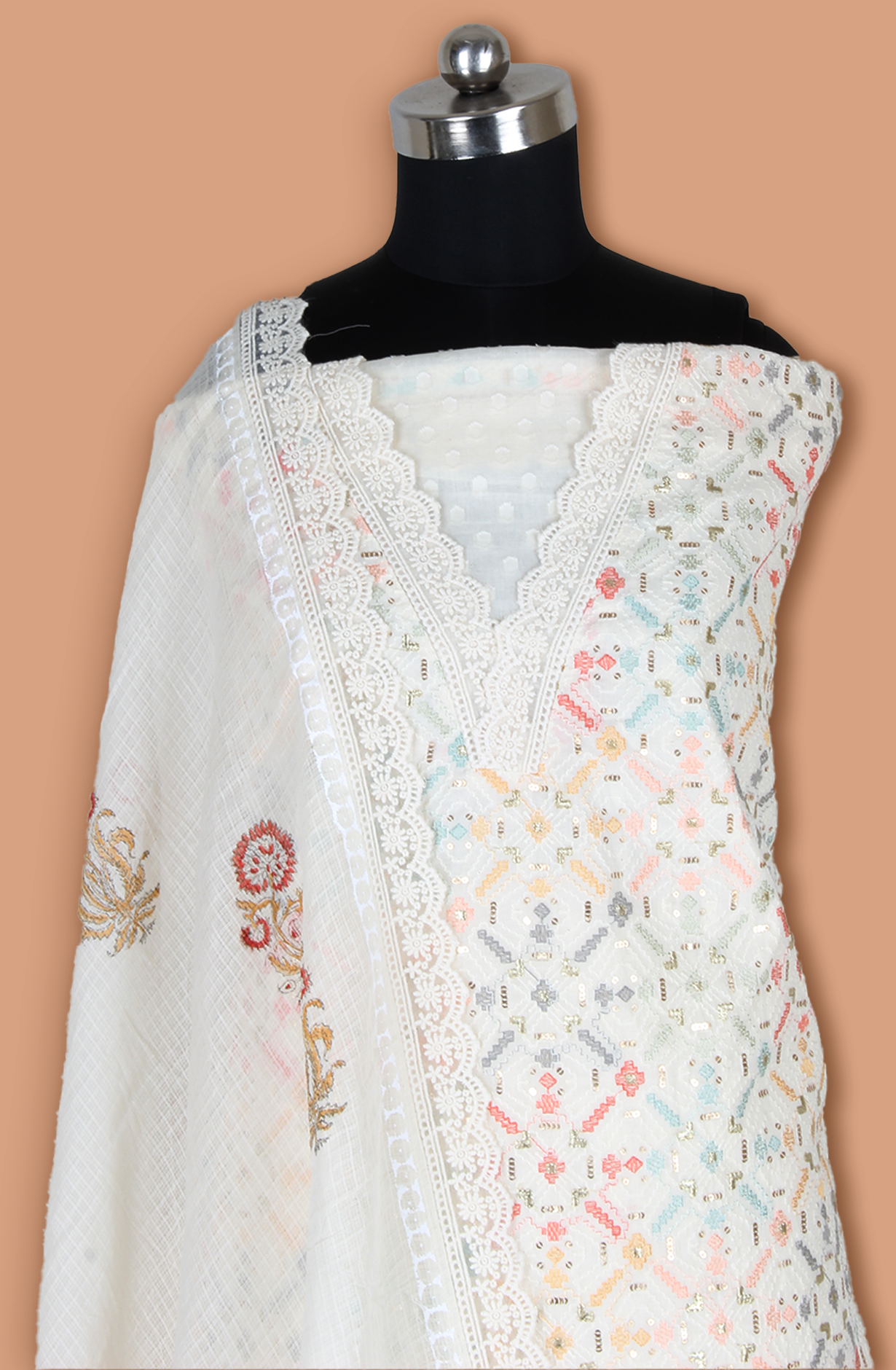Off-white Cotton Unstitched Embroidered Salwar Kameez Dupatta - 131-124751-109A