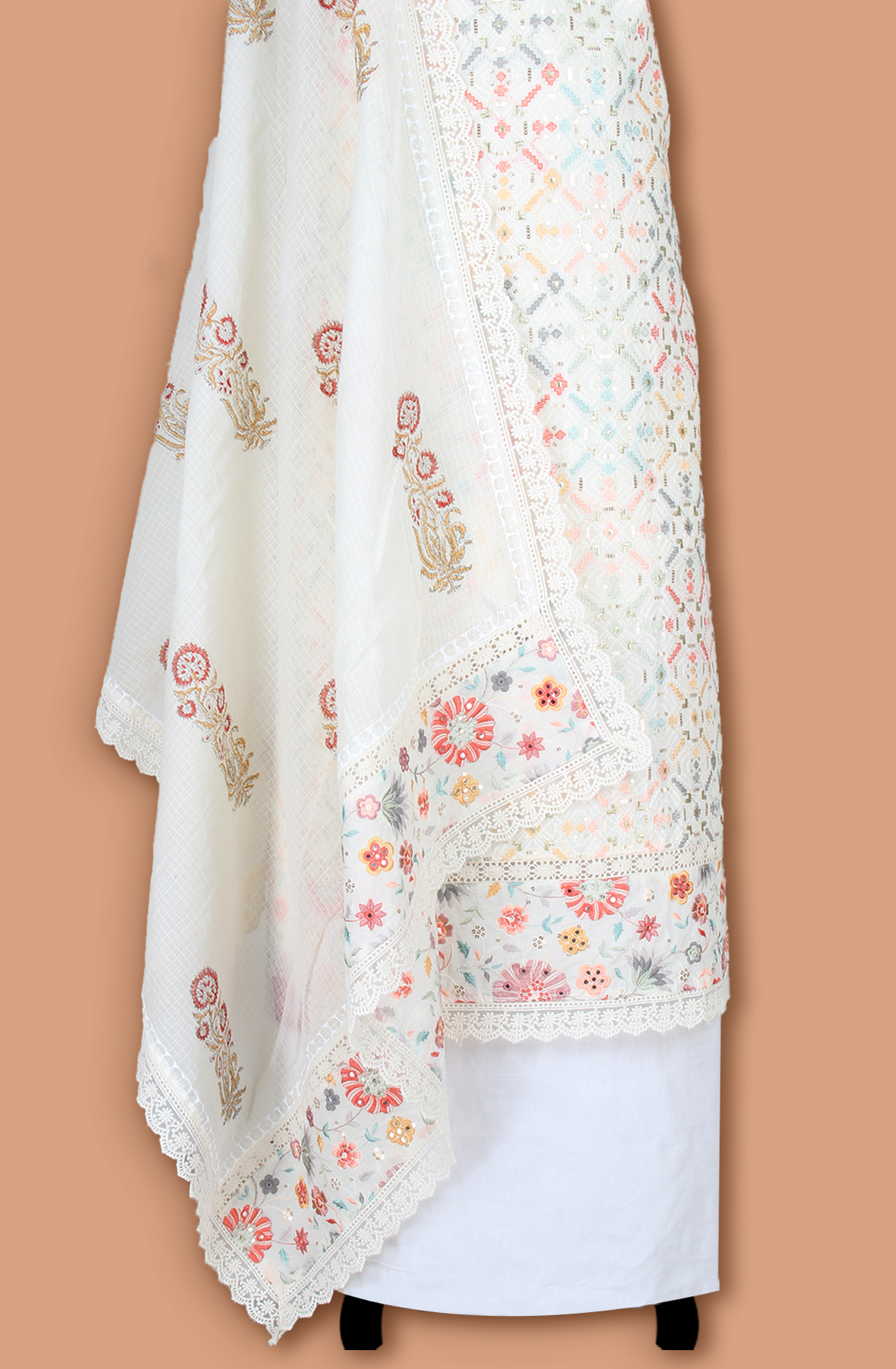 Off-white Cotton Unstitched Embroidered Salwar Kameez Dupatta - 131-124751-109A