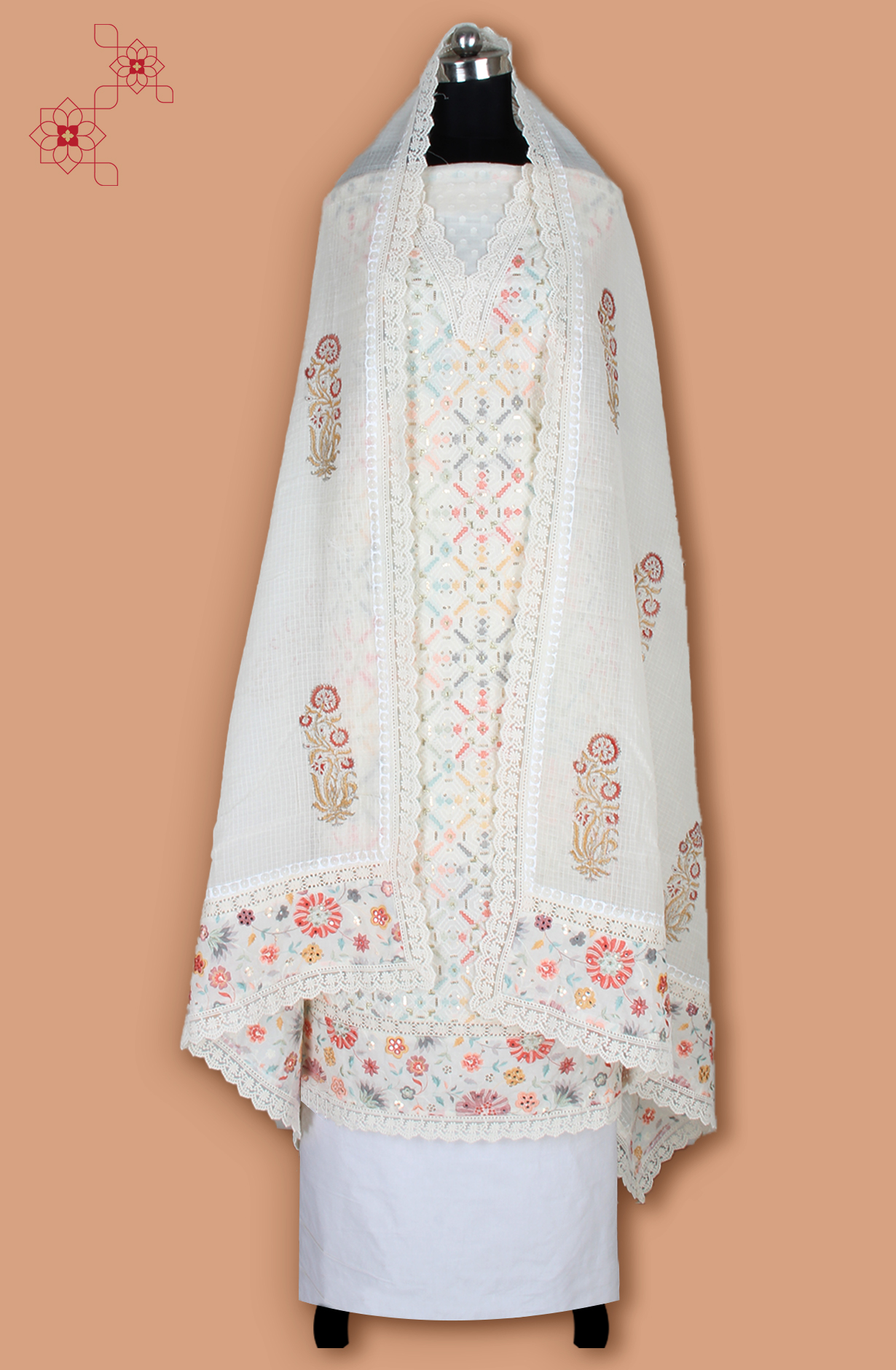 Off-white Cotton Unstitched Embroidered Salwar Kameez Dupatta - 131-124751-109A