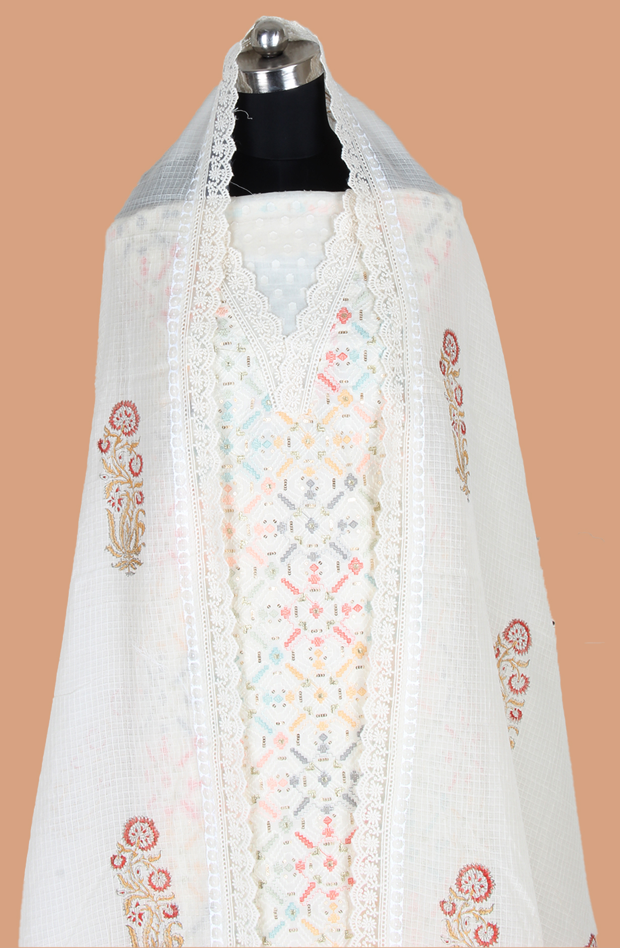 Off-white Cotton Unstitched Embroidered Salwar Kameez Dupatta - 131-124751-109A