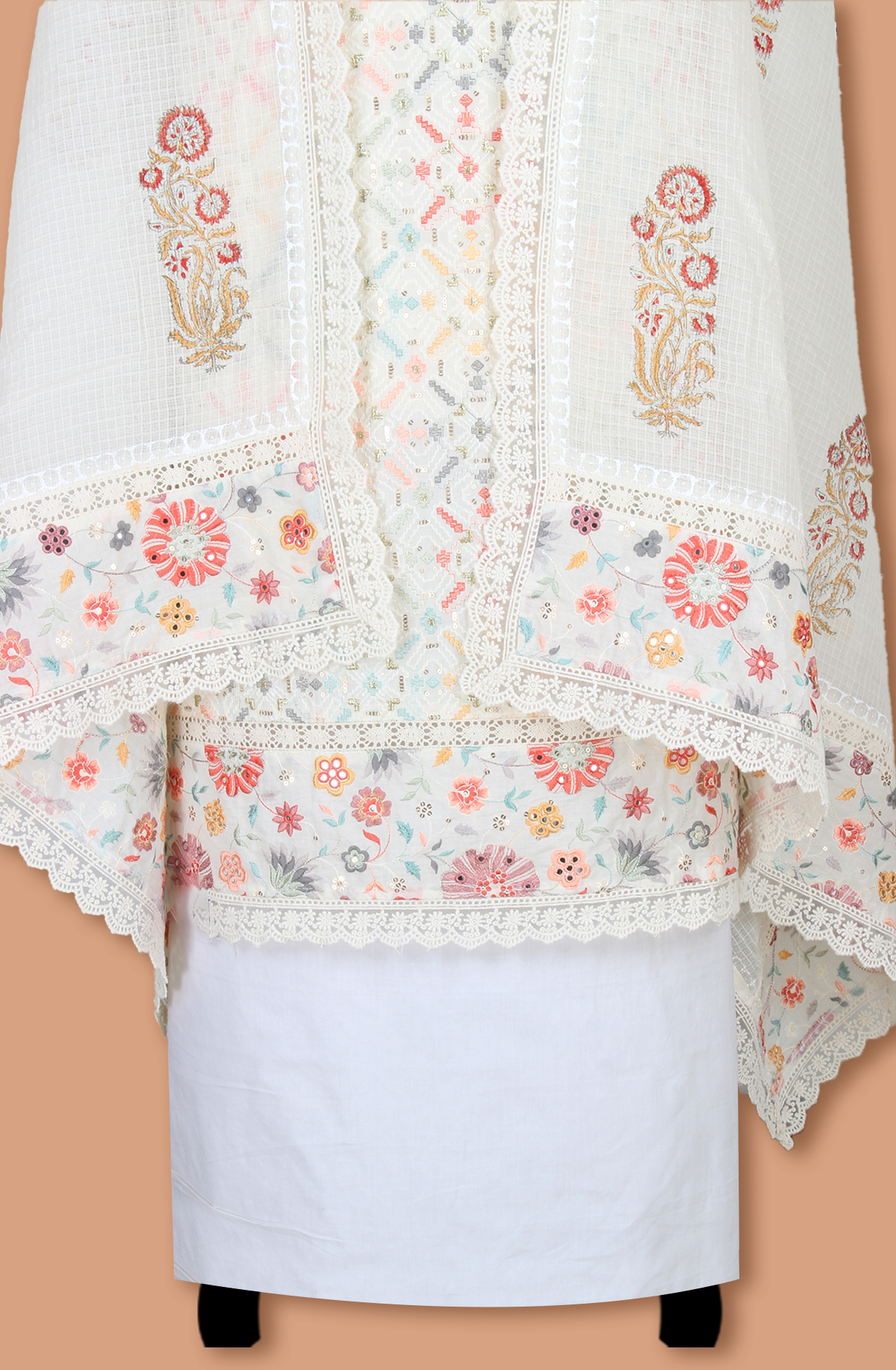 Off-white Cotton Unstitched Embroidered Salwar Kameez Dupatta - 131-124751-109A