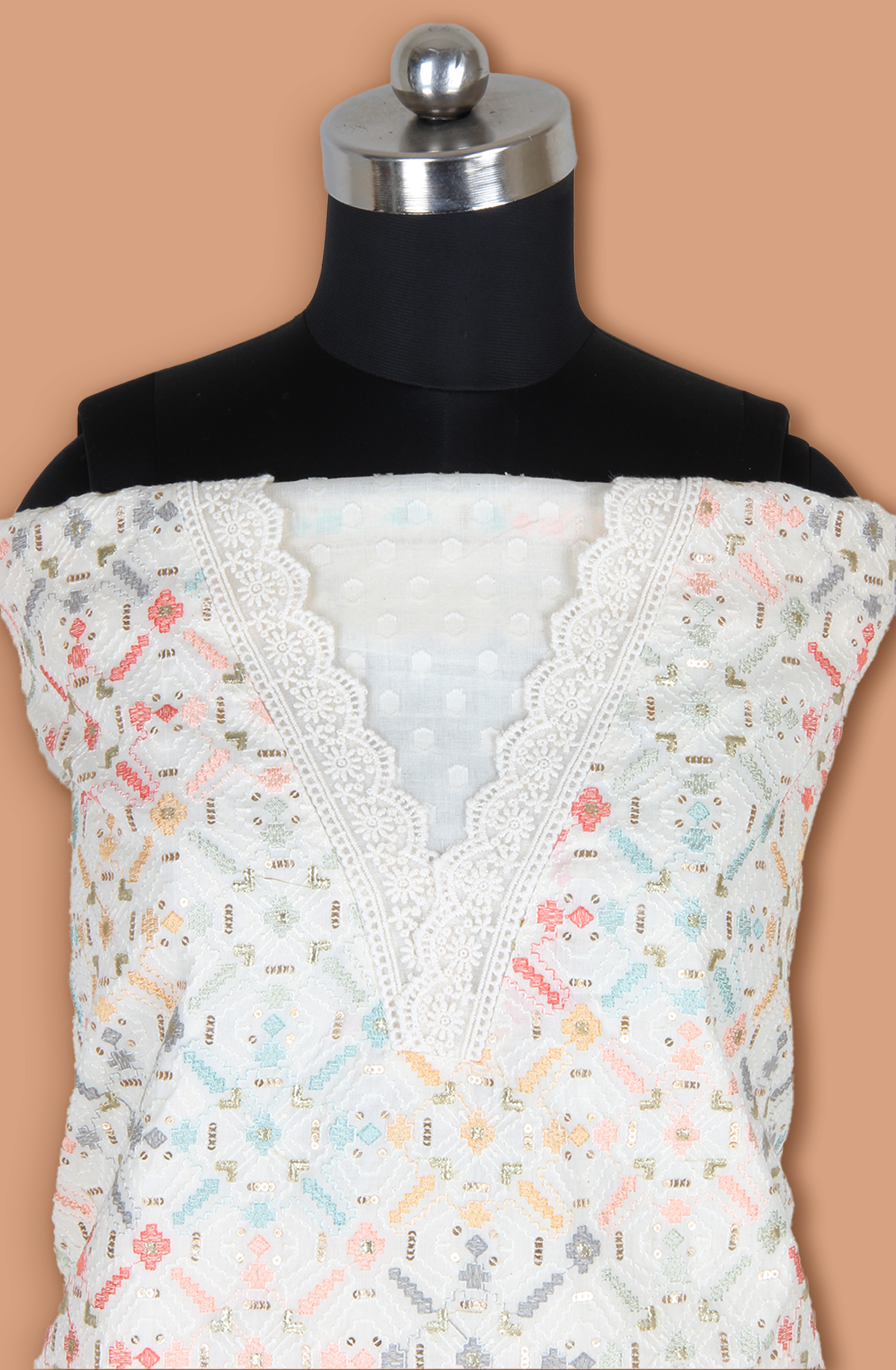 Off-white Cotton Unstitched Embroidered Salwar Kameez Dupatta - 131-124751-109A