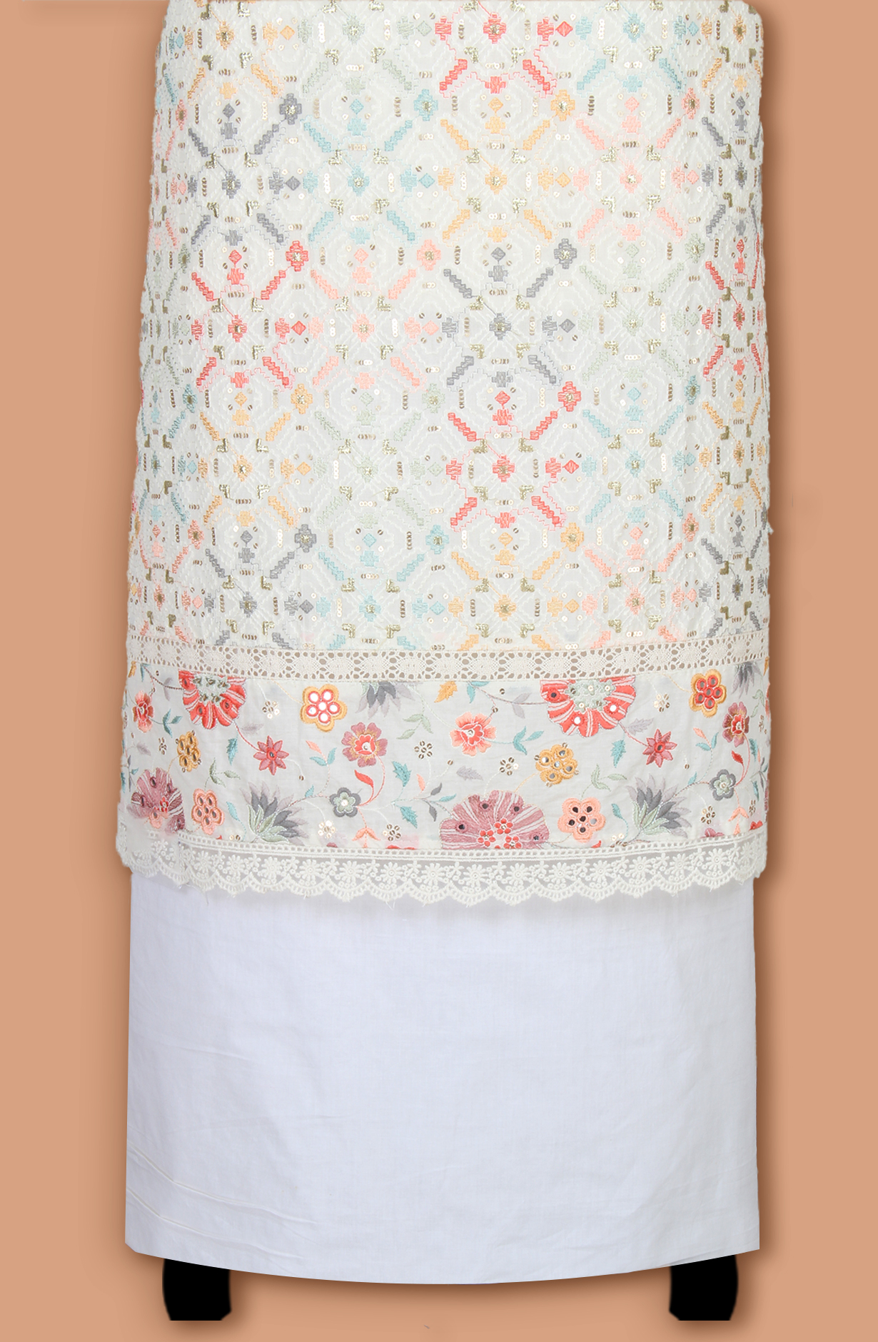 Off-white Cotton Unstitched Embroidered Salwar Kameez Dupatta - 131-124751-109A