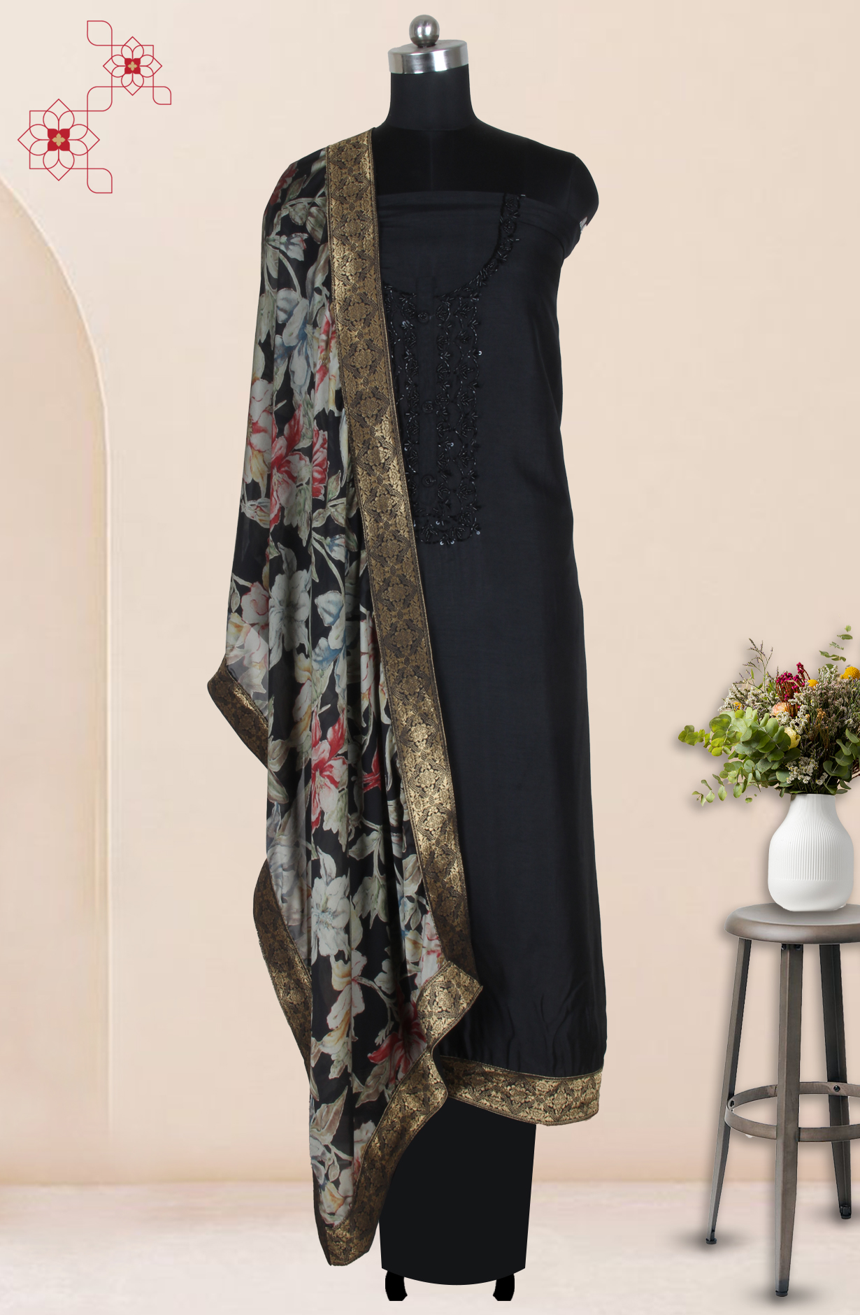 Black Unstitched Designer Silk Salwar Kameez with Organza Dupatta - 131-2310