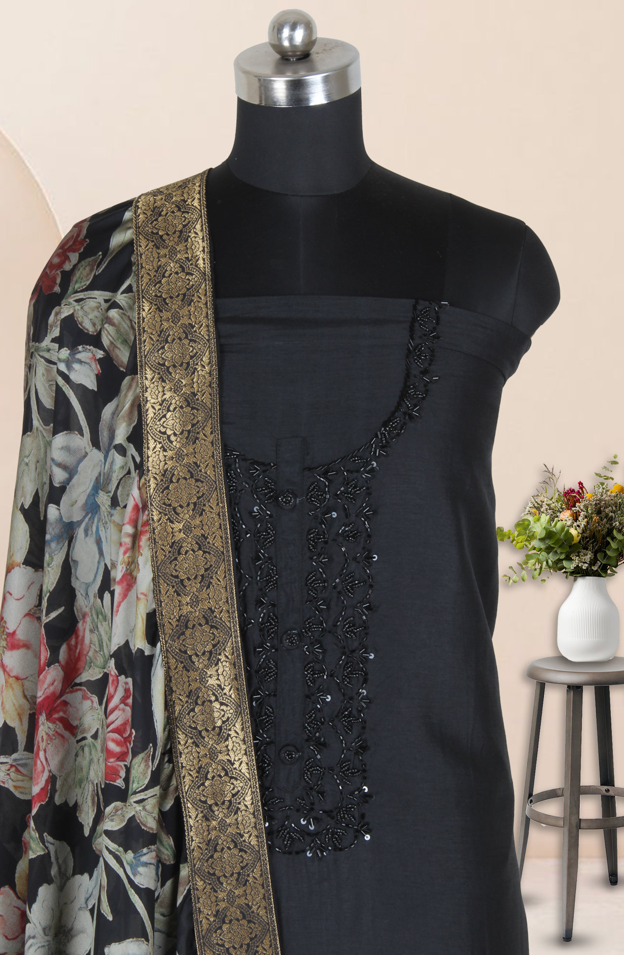 Black Unstitched Designer Silk Salwar Kameez with Organza Dupatta - 131-2310