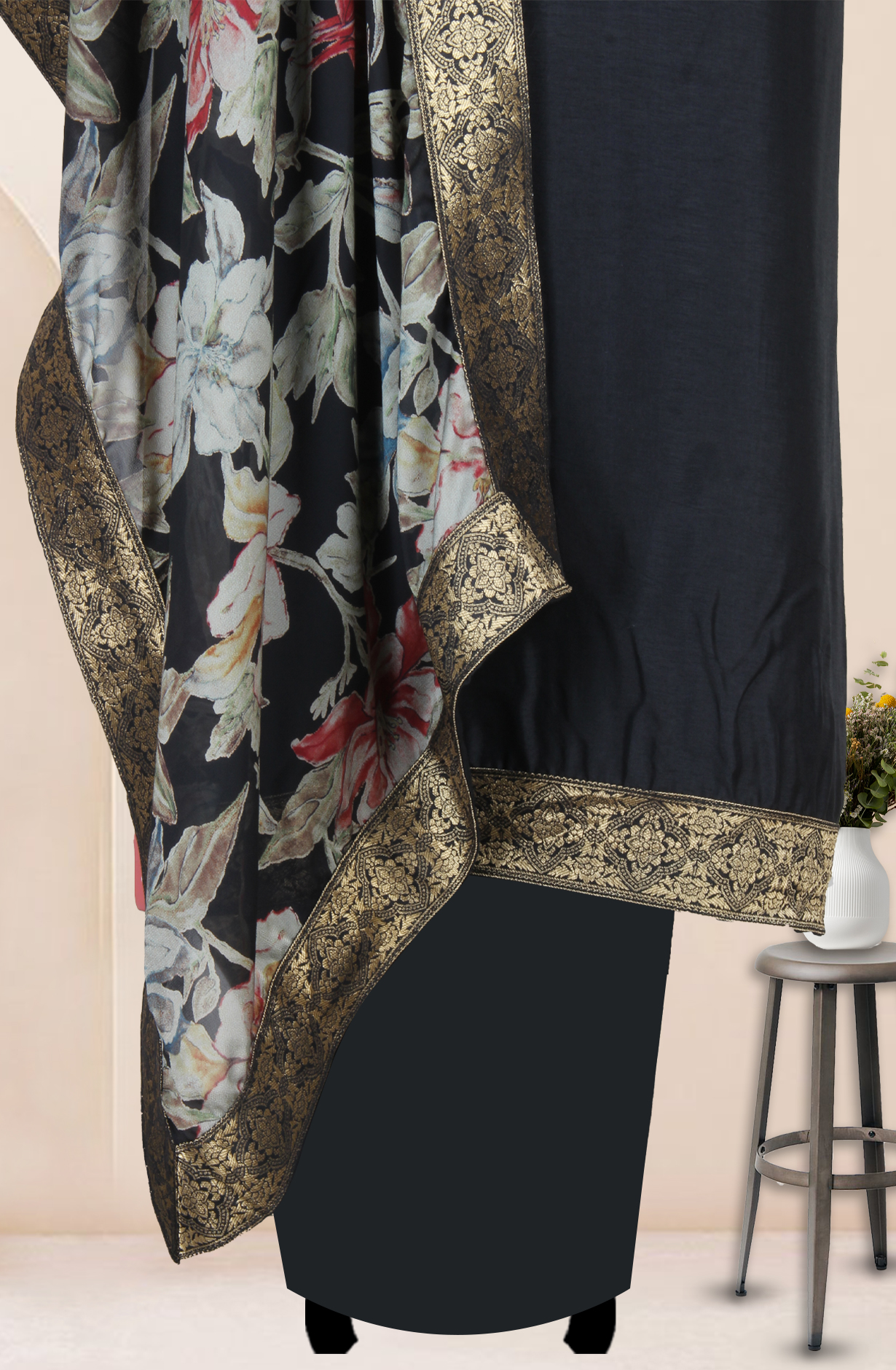 Black Unstitched Designer Silk Salwar Kameez with Organza Dupatta - 131-2310