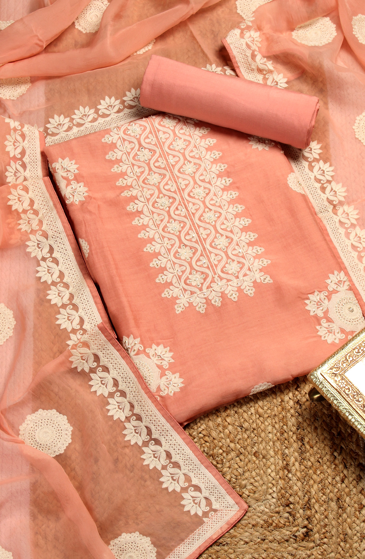 Pink Muslin Festive Unstitched Salwar Kameez with Organza Dupatta - 131-80885