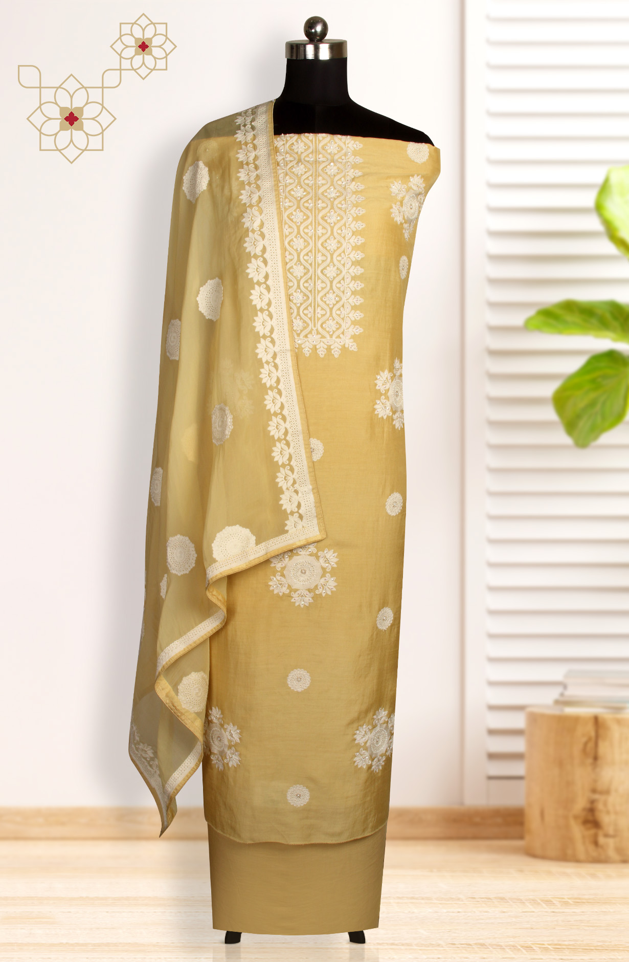 Yellow Muslin Festive Unstitched Salwar Kameez with Organza Dupatta - 131-80885A