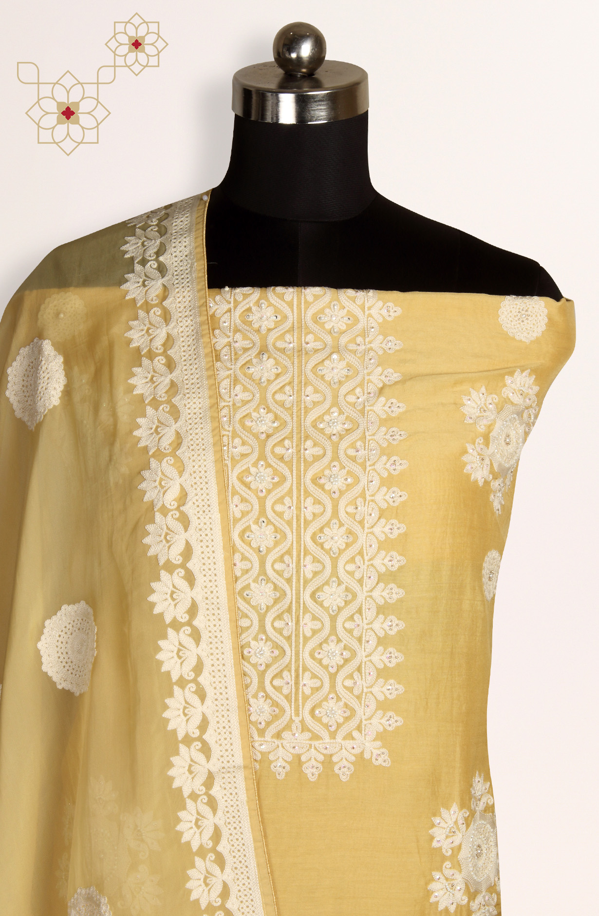 Yellow Muslin Festive Unstitched Salwar Kameez with Organza Dupatta - 131-80885A