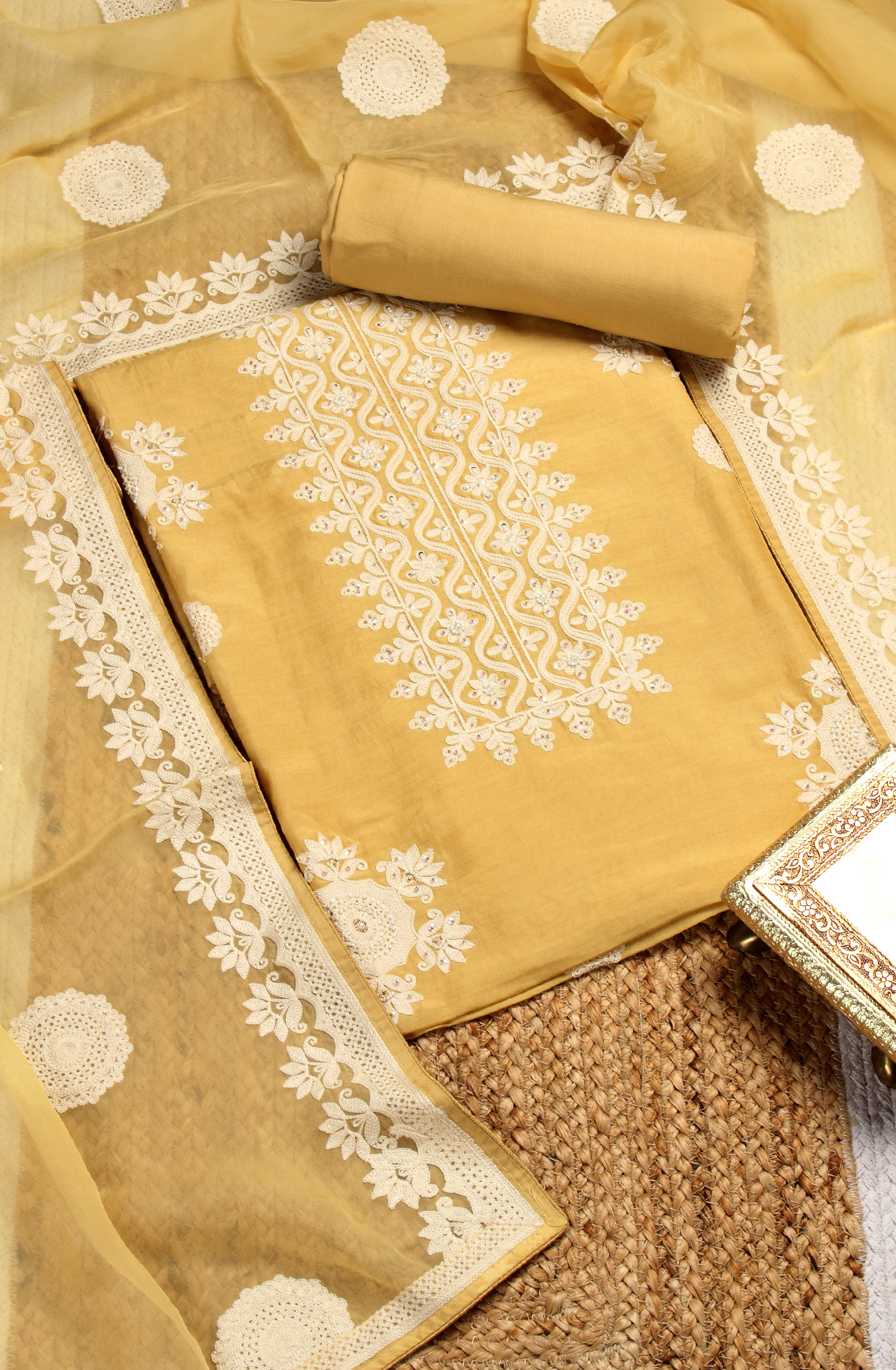 Yellow Muslin Festive Unstitched Salwar Kameez with Organza Dupatta - 131-80885A