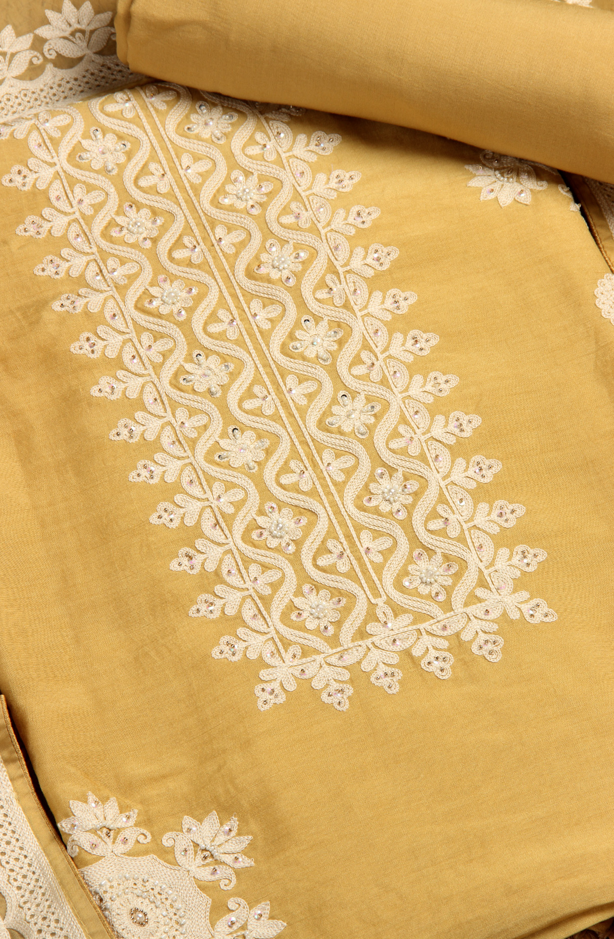 Yellow Muslin Festive Unstitched Salwar Kameez with Organza Dupatta - 131-80885A