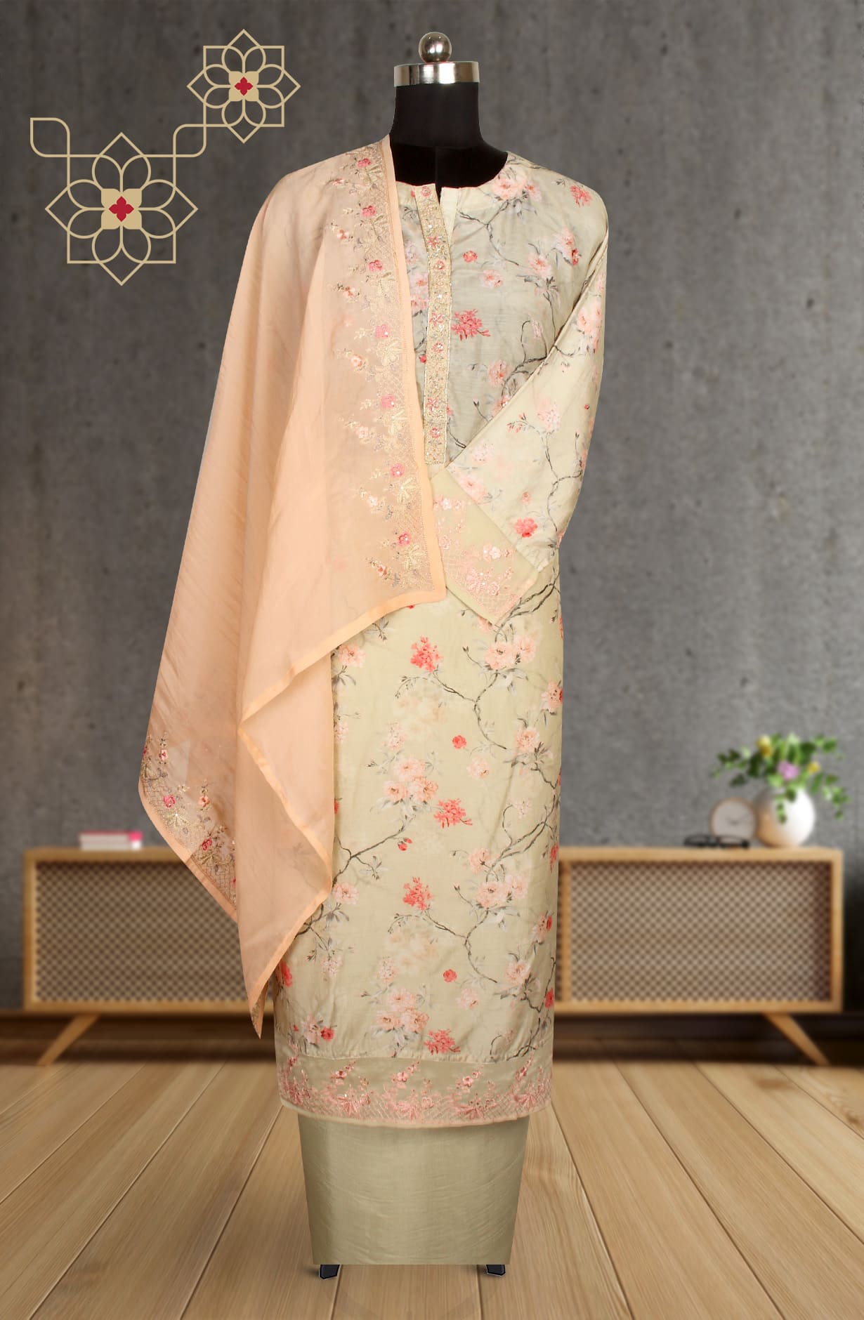 Pista Green Muslin Silk Semi Stitched Suit-set with Organza Dupatta - 131-8483