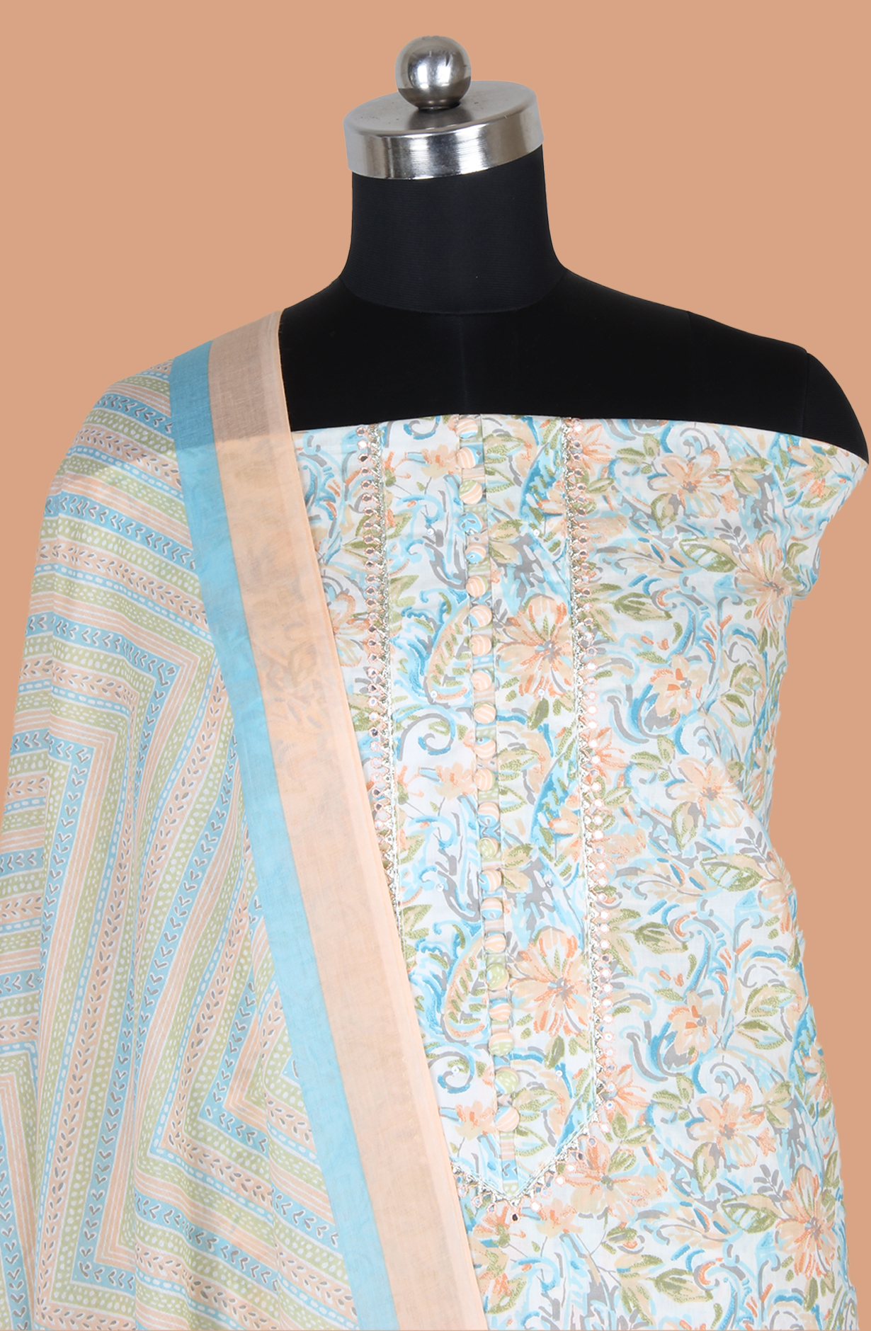 Multicolor Cotton Printed Salwar Suit Fabric with Gota Patti Work - 131-995-117B